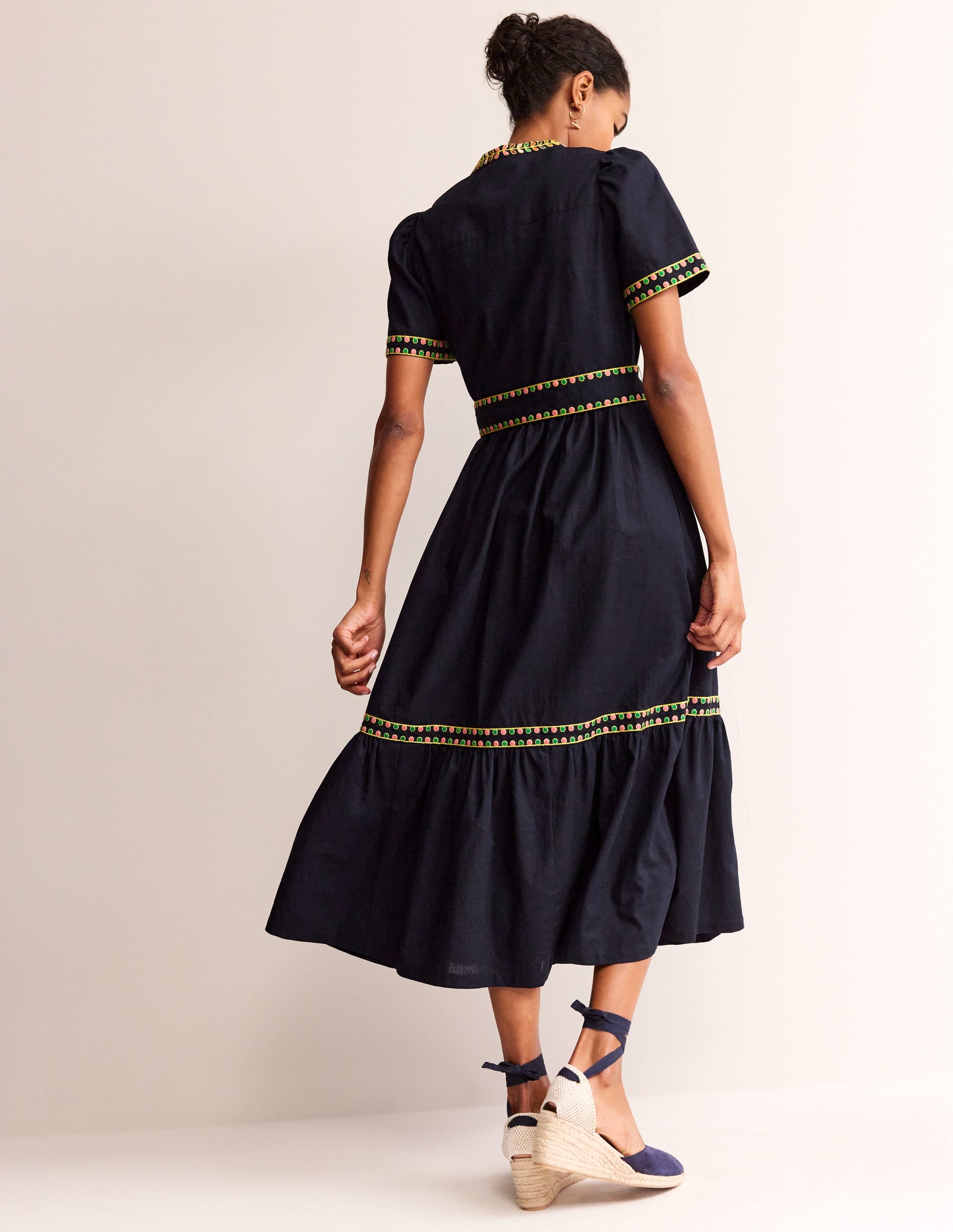 Embroidered Linen Blend Dress-Navy - Image 3