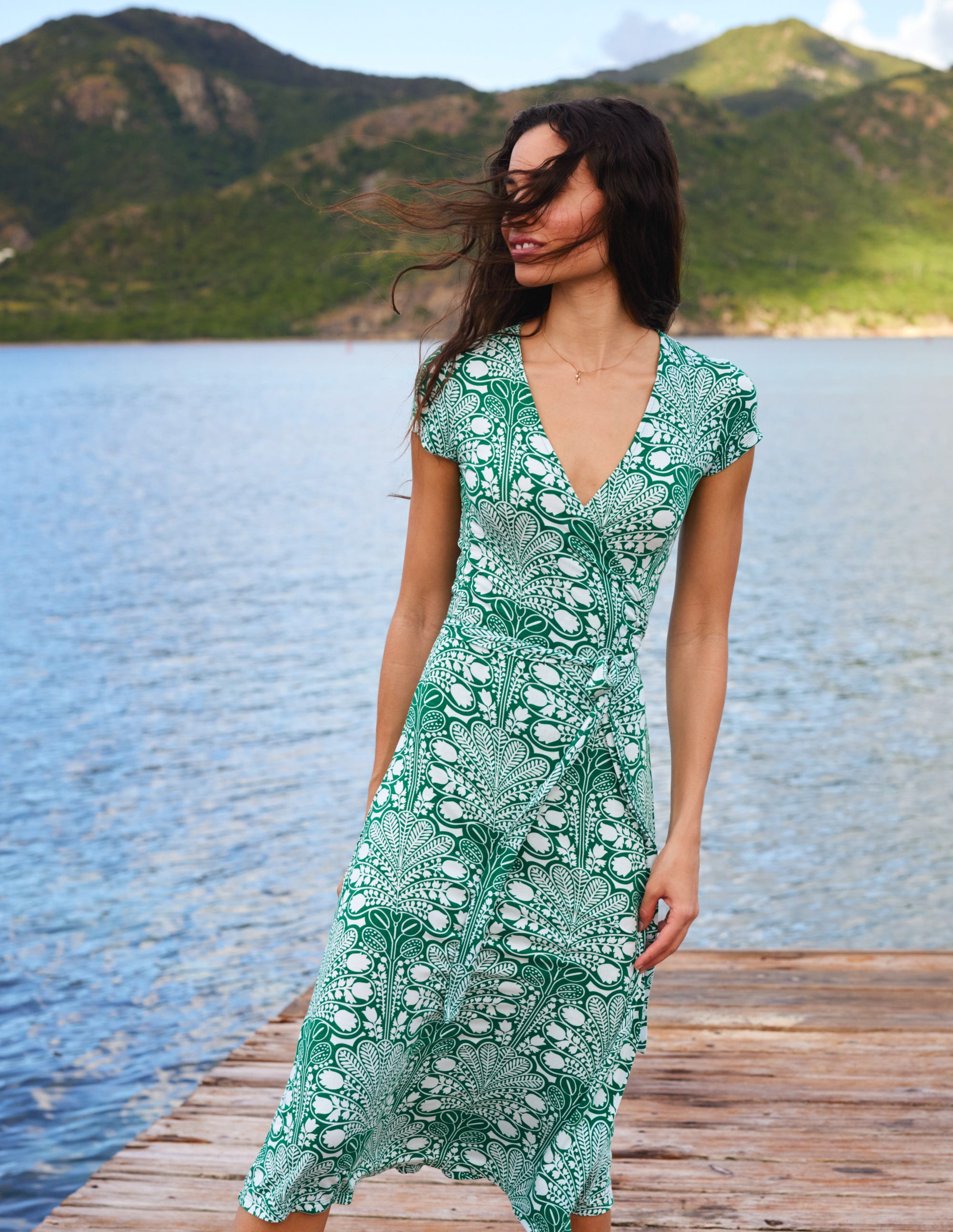 Joanna Cap Sleeve Wrap Dress-Green, Gardenia Swirl - Image 5