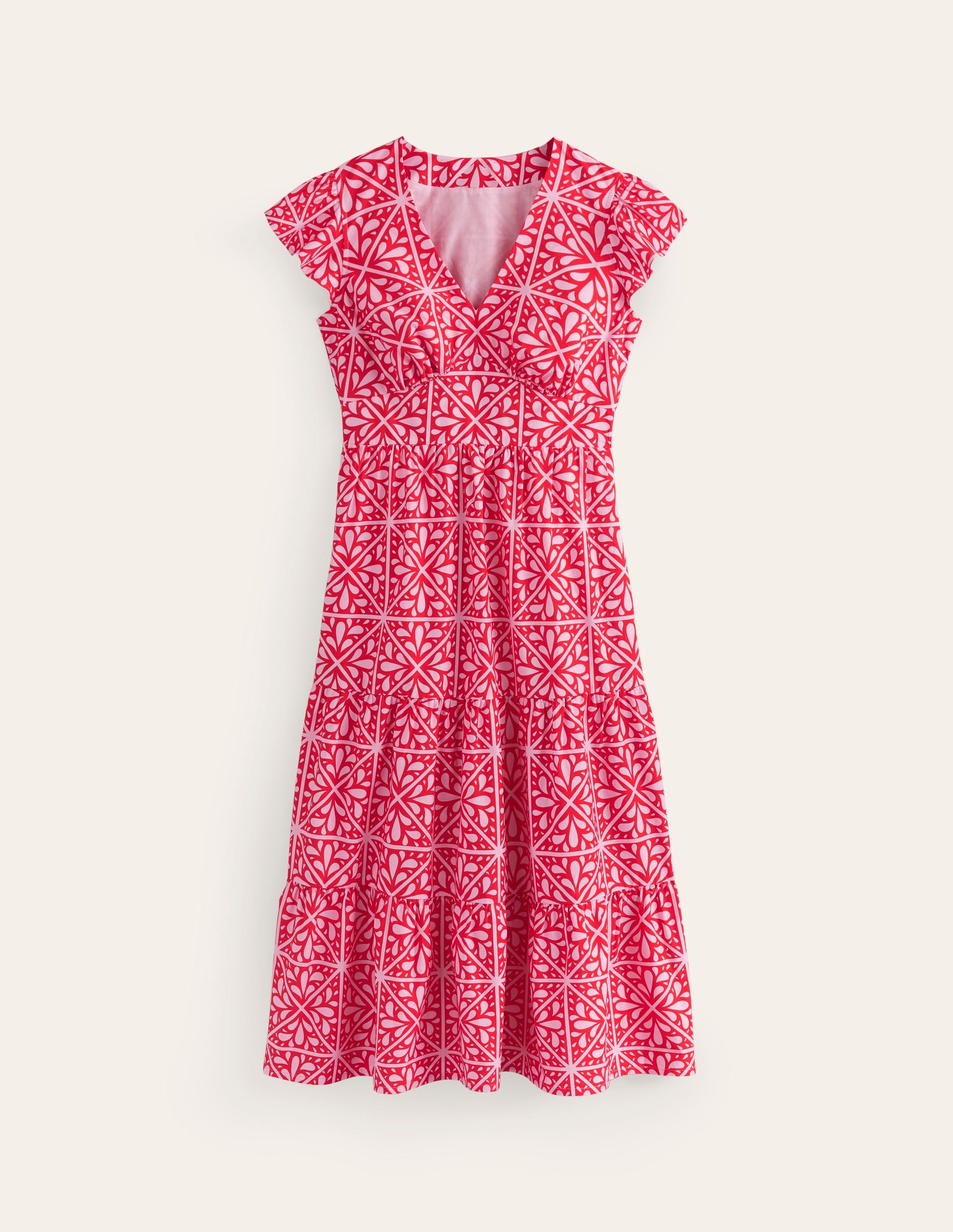 May Cotton Midi Tea Dress-Flame Scarlet, Floral Mosaic-5