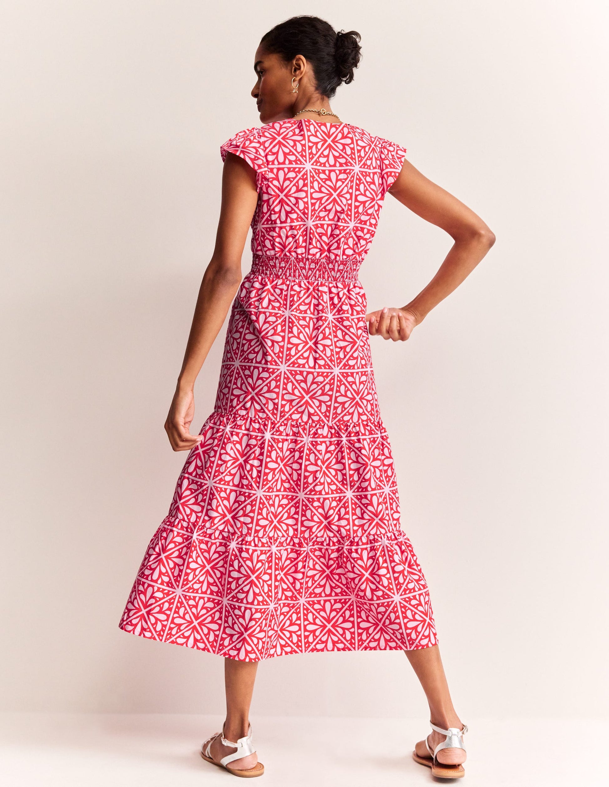 May Cotton Midi Tea Dress-Flame Scarlet, Floral Mosaic-3