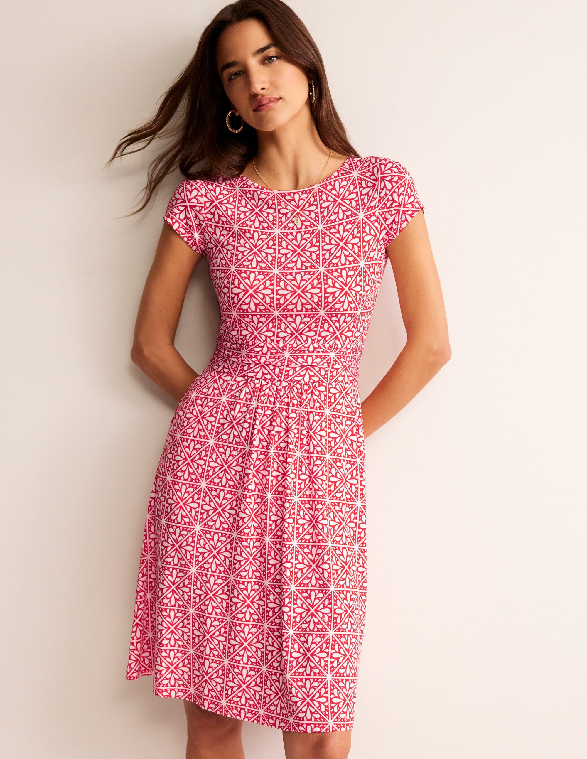 Amelie Jersey Dress-Flame Scarlet, Floral Mosaic - Image 1