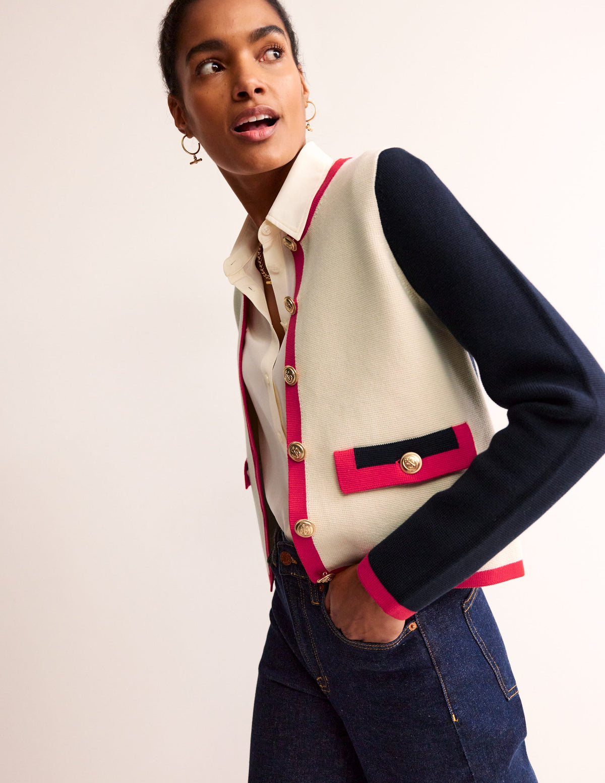 Holly Knitted Jacket-Warm Ivory/ Navy/ Red - Image 1