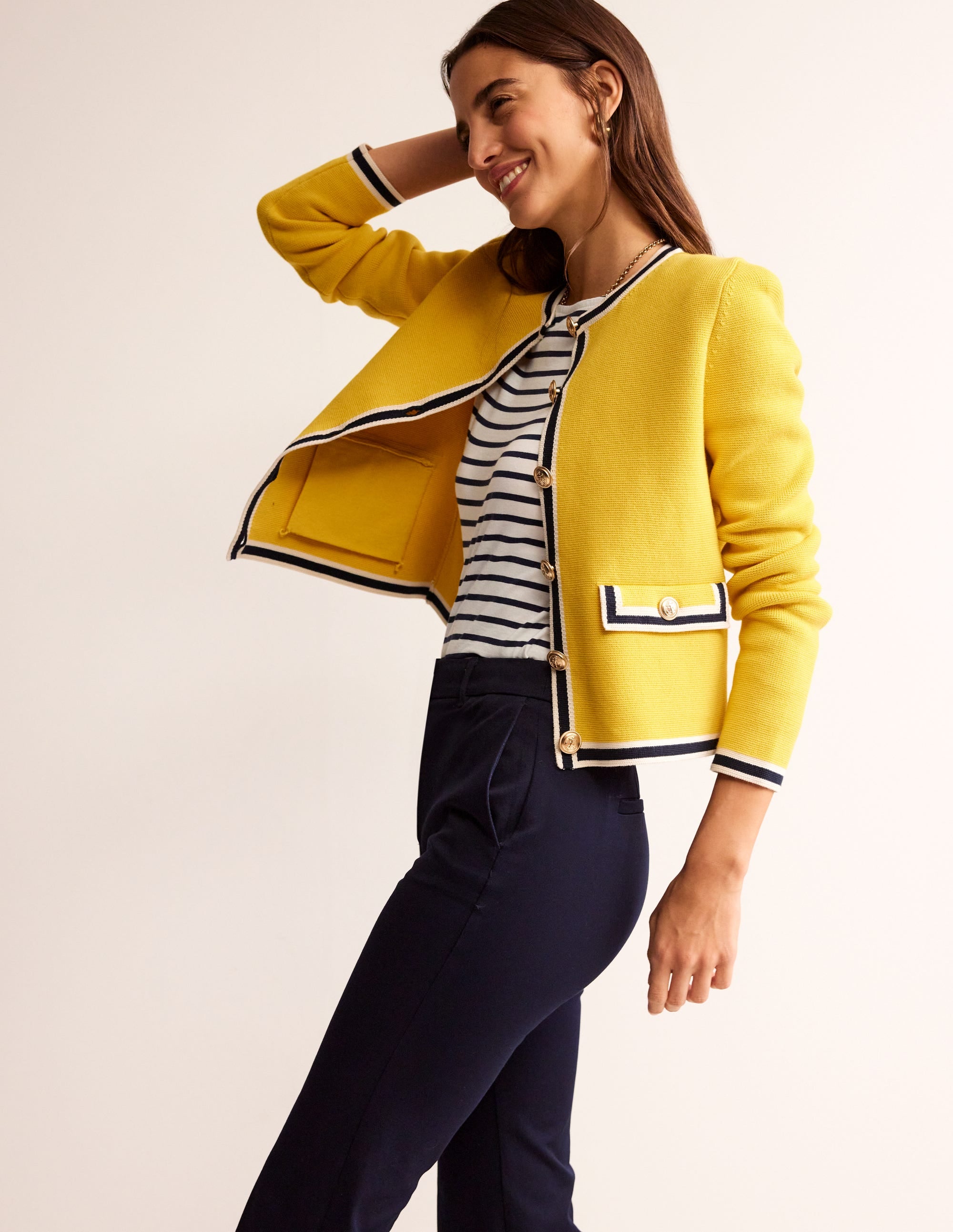 Holly Knitted Jacket-Mimosa Yellow, Navy Tipping - Image 1
