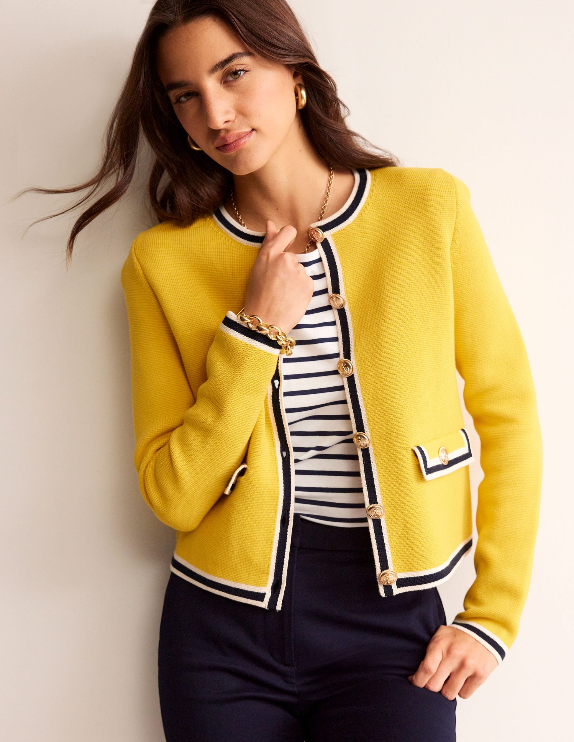 Holly Knitted Jacket-Mimosa Yellow, Navy Tipping-2