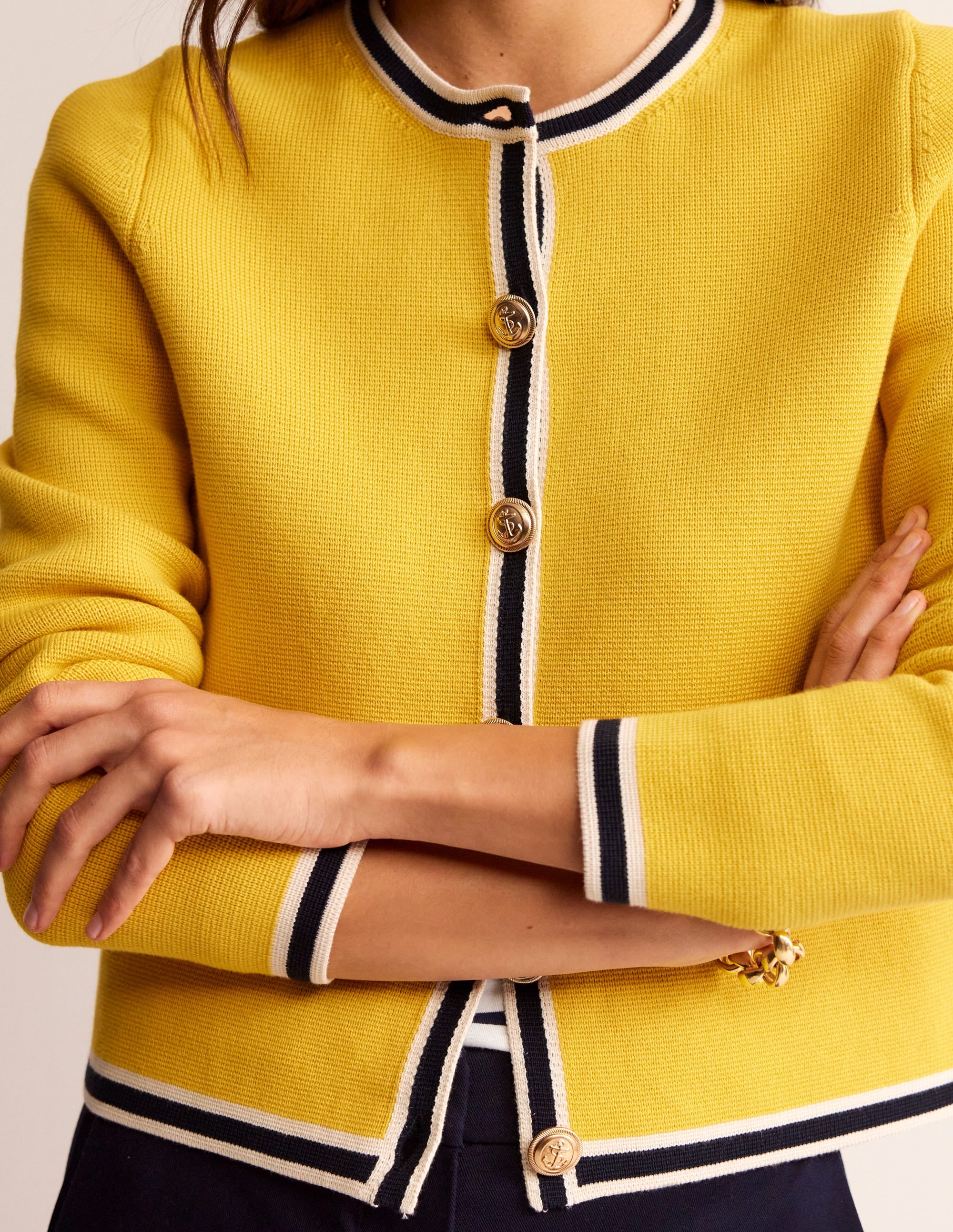 Holly Knitted Jacket-Mimosa Yellow, Navy Tipping - Image 3