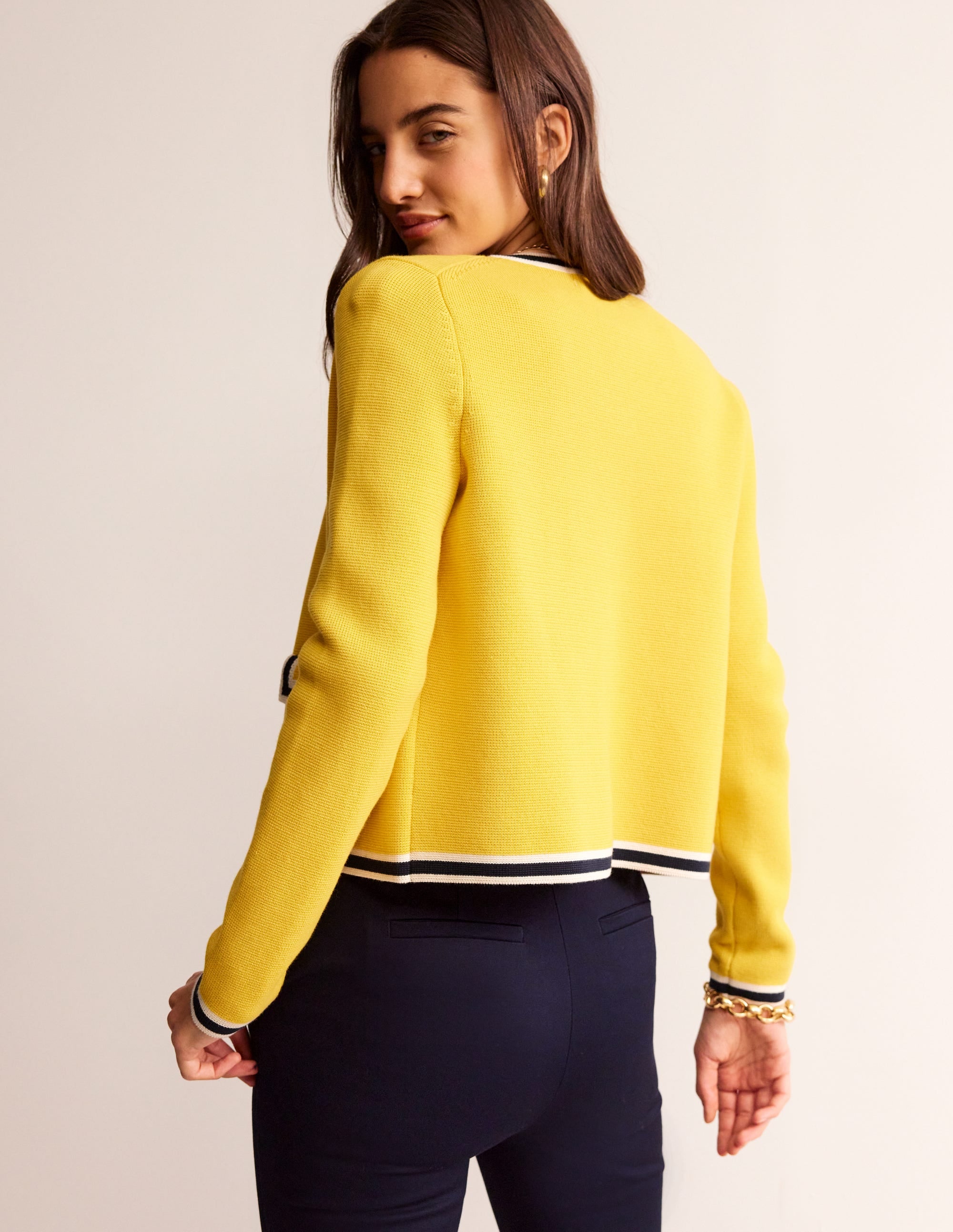 Holly Knitted Jacket-Mimosa Yellow, Navy Tipping - Image 4