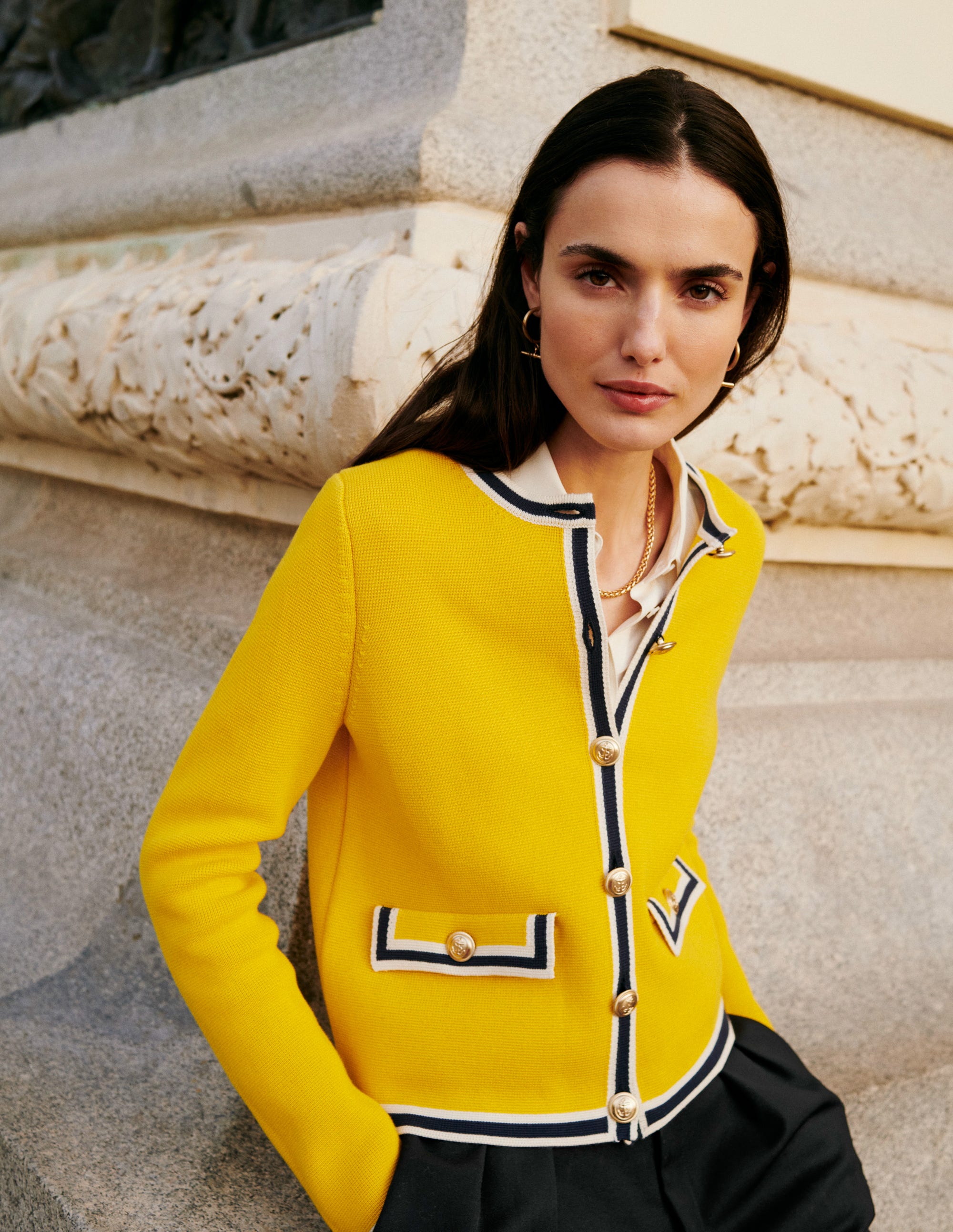 Holly Knitted Jacket-Mimosa Yellow, Navy Tipping - Image 6