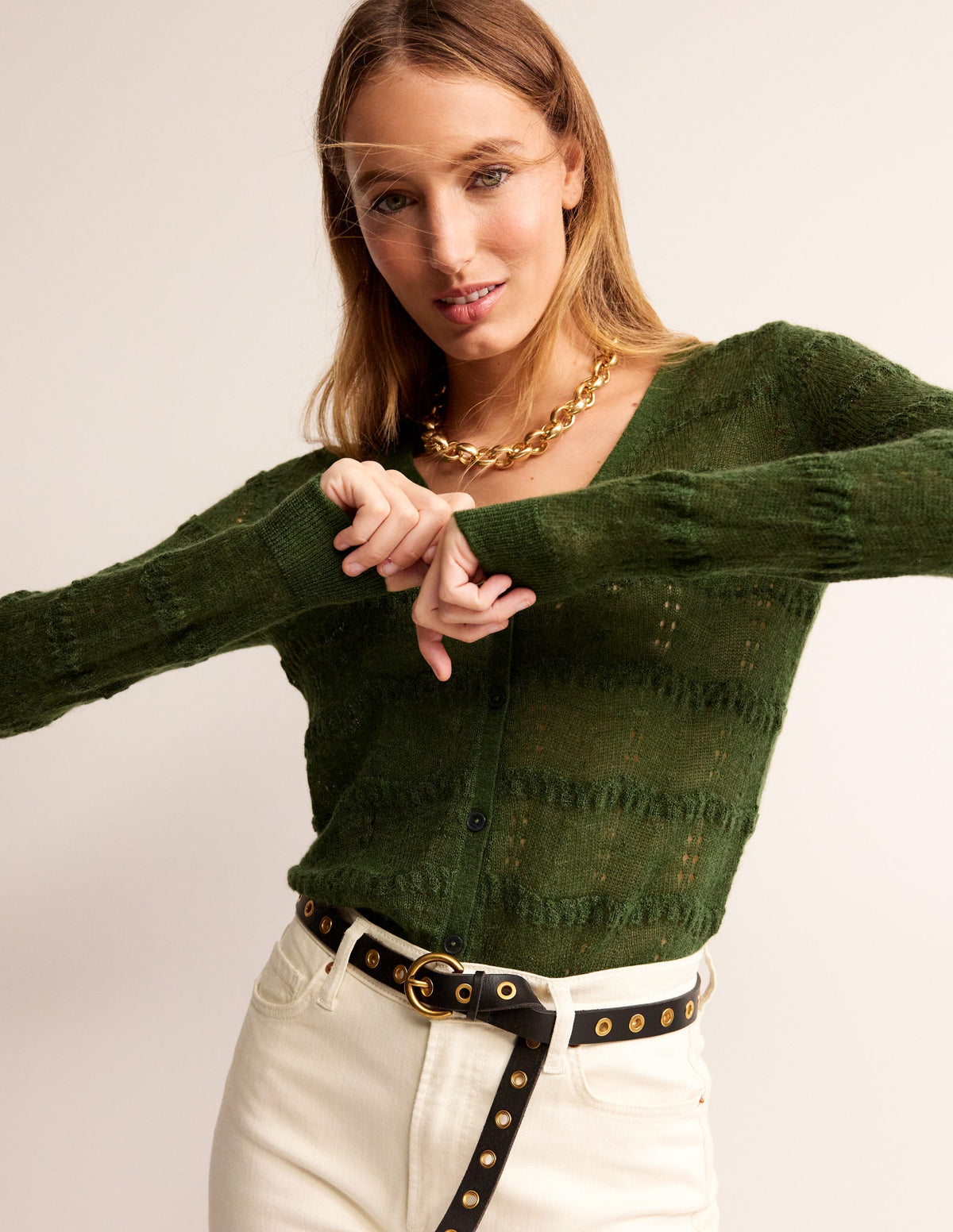 Fluffy Pointelle Cardigan-Garden Green-4