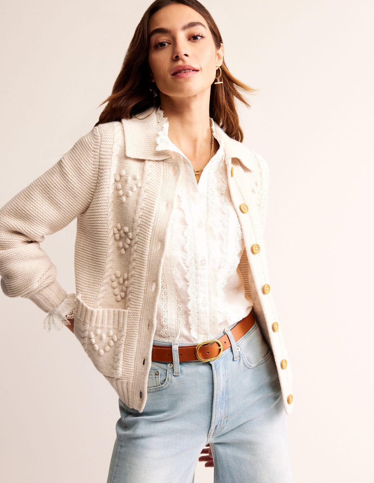 Chunky Bobble Heart Cardigan-Ecru Marl - Image 1
