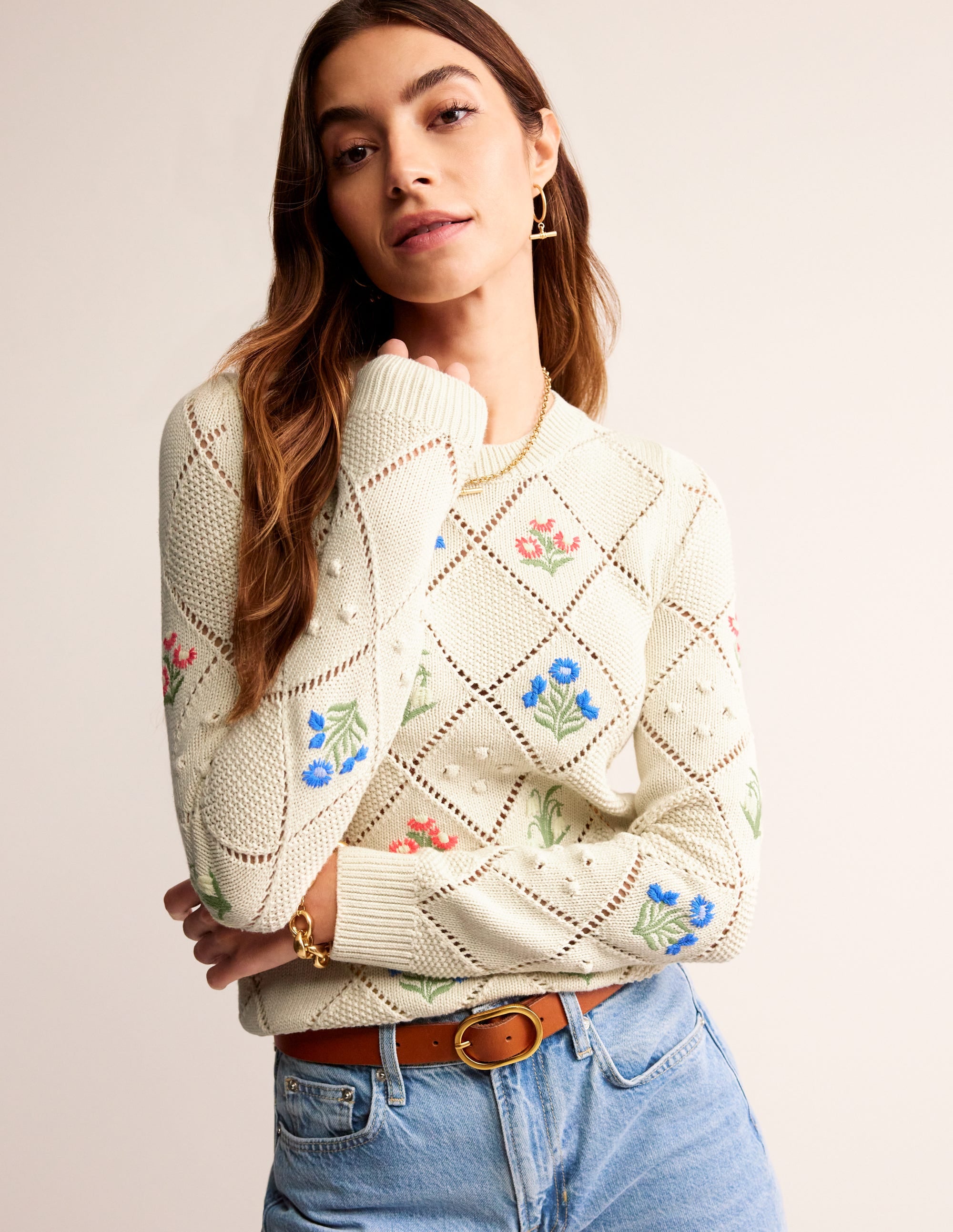 Cotton Embroidered Jumper-Warm Ivory - Image 1