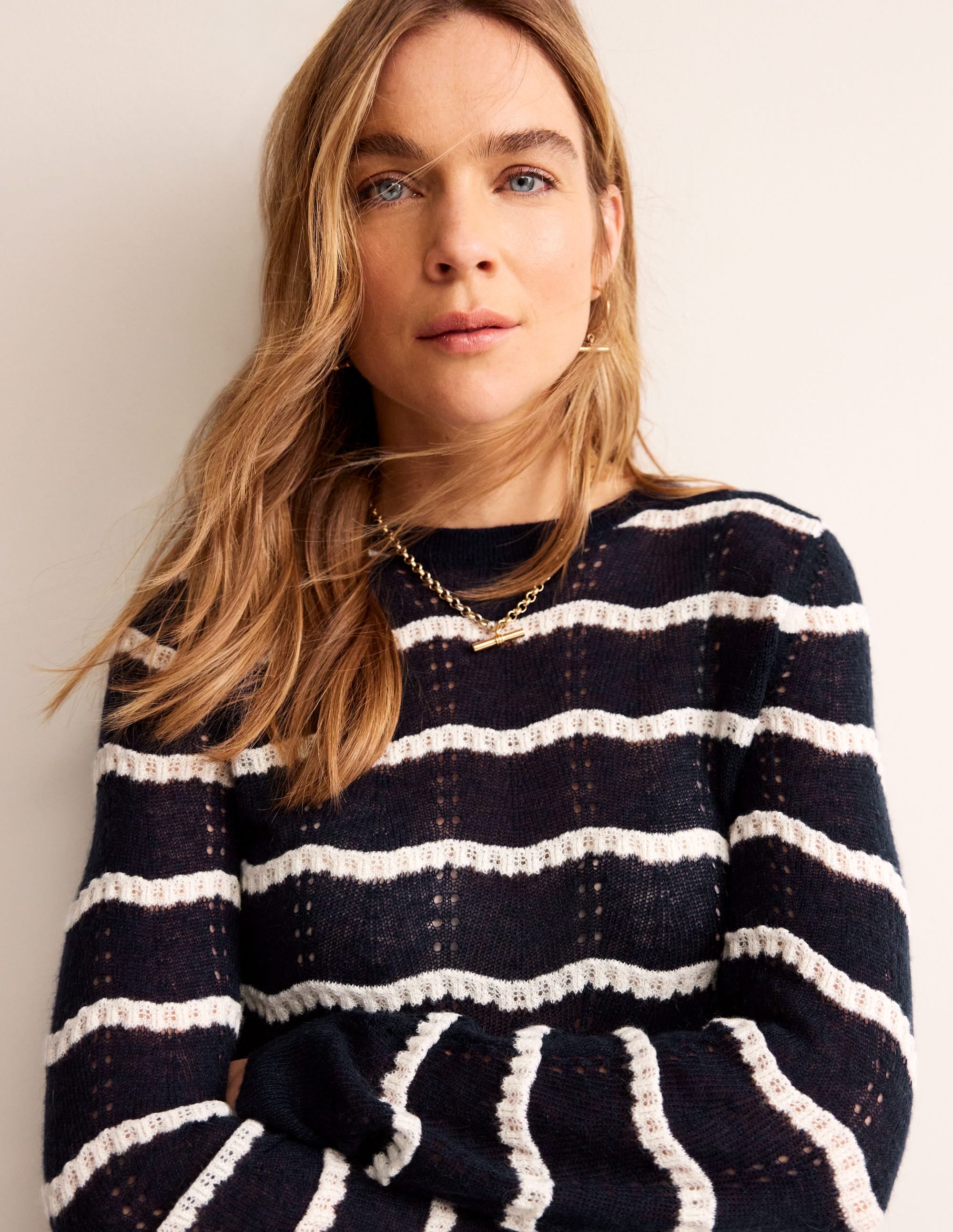 Fluffy Pointelle Stitch Jumper-Naval Academy, Ivory Stripe - Image 1