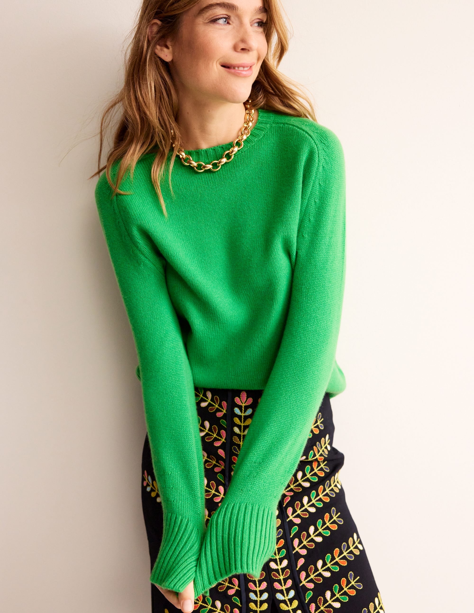 Split Cuff Cashmere Jumper-Bright Green - Image 1