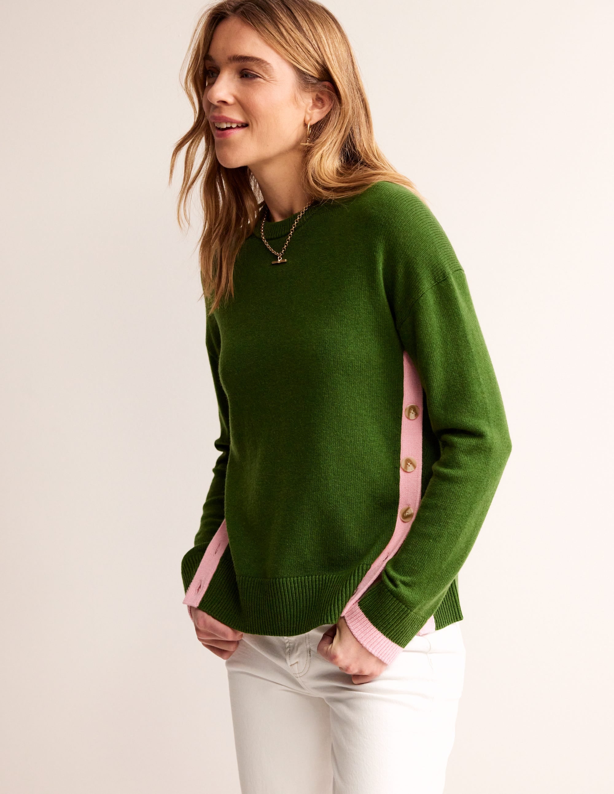 Alma Contrast Trim Jumper-Garden Green, Spring Blossom - Image 1