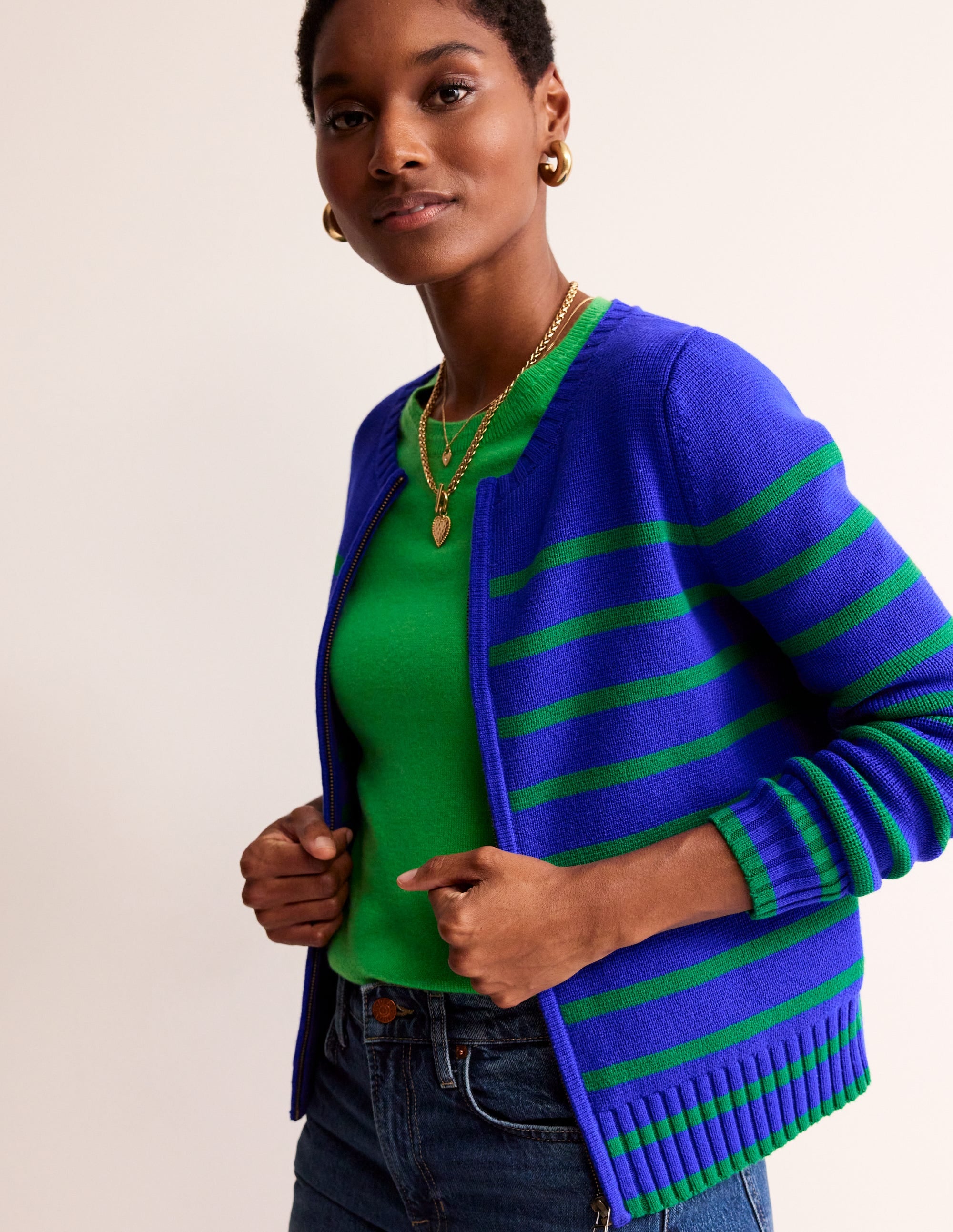 Cotton Breton Cardigan-Bright Blue, Green Stripe - Image 4