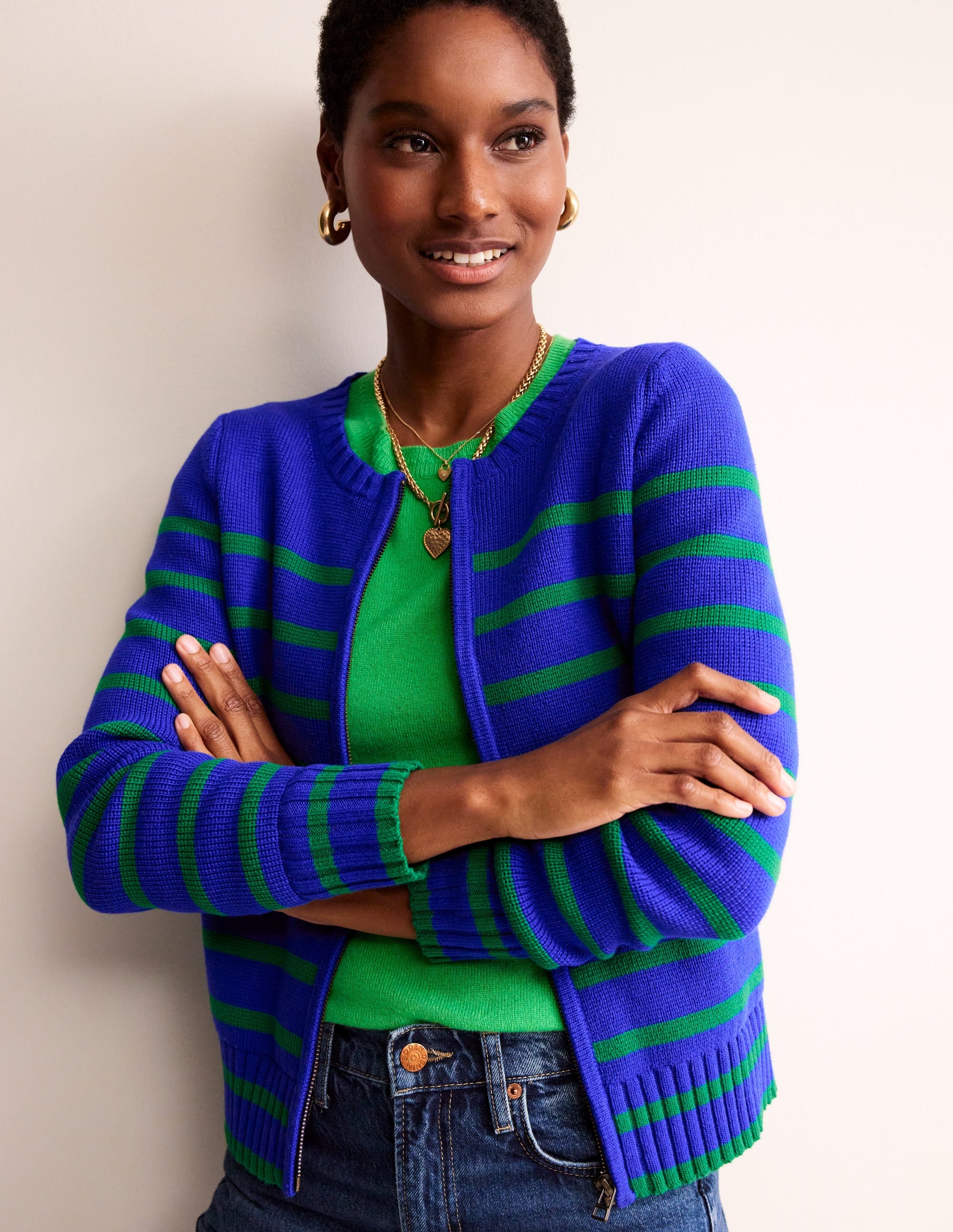 Cotton Breton Cardigan-Bright Blue, Green Stripe - Image 5