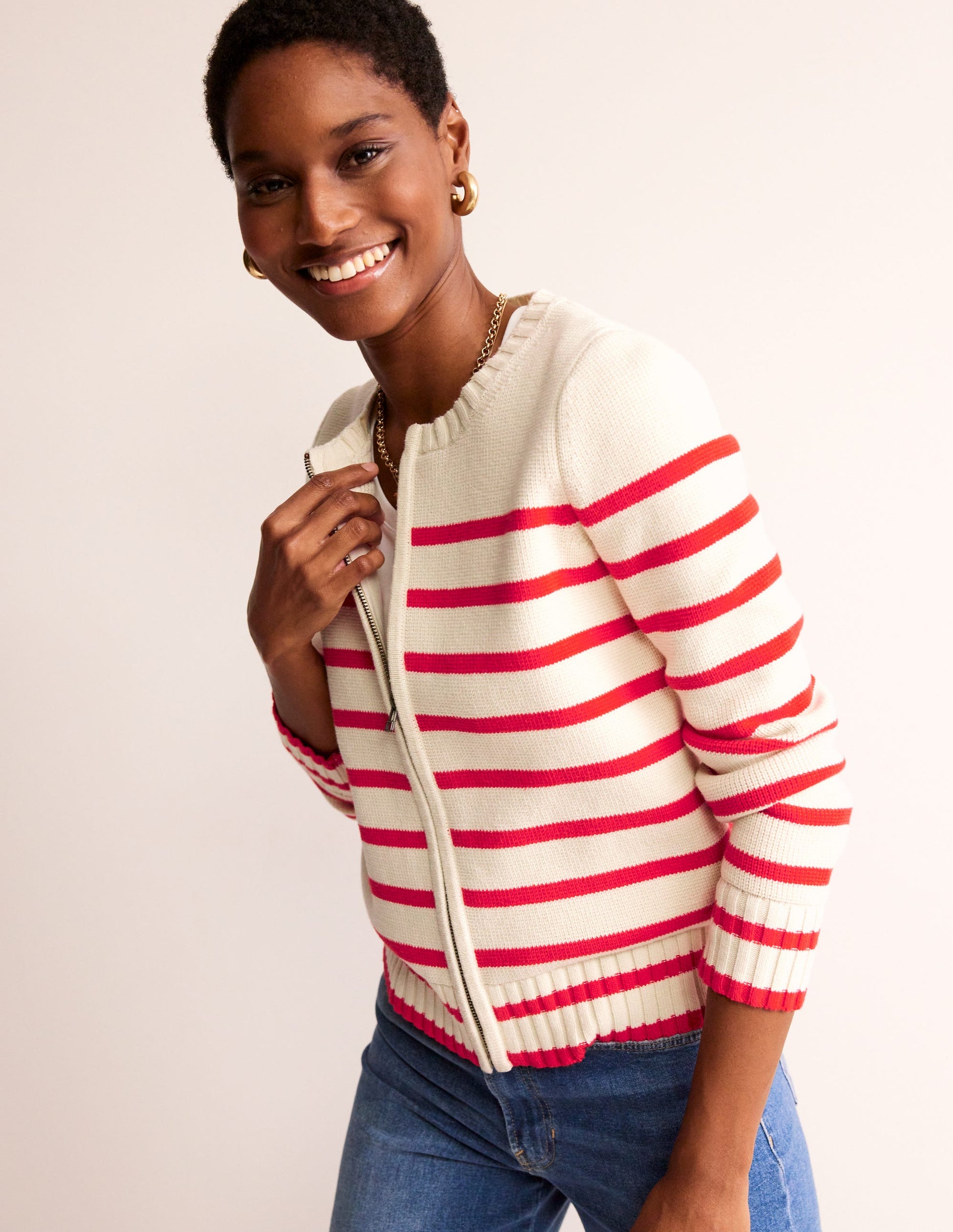Cotton Breton Cardigan-Warm Ivory, Post Box Red-4