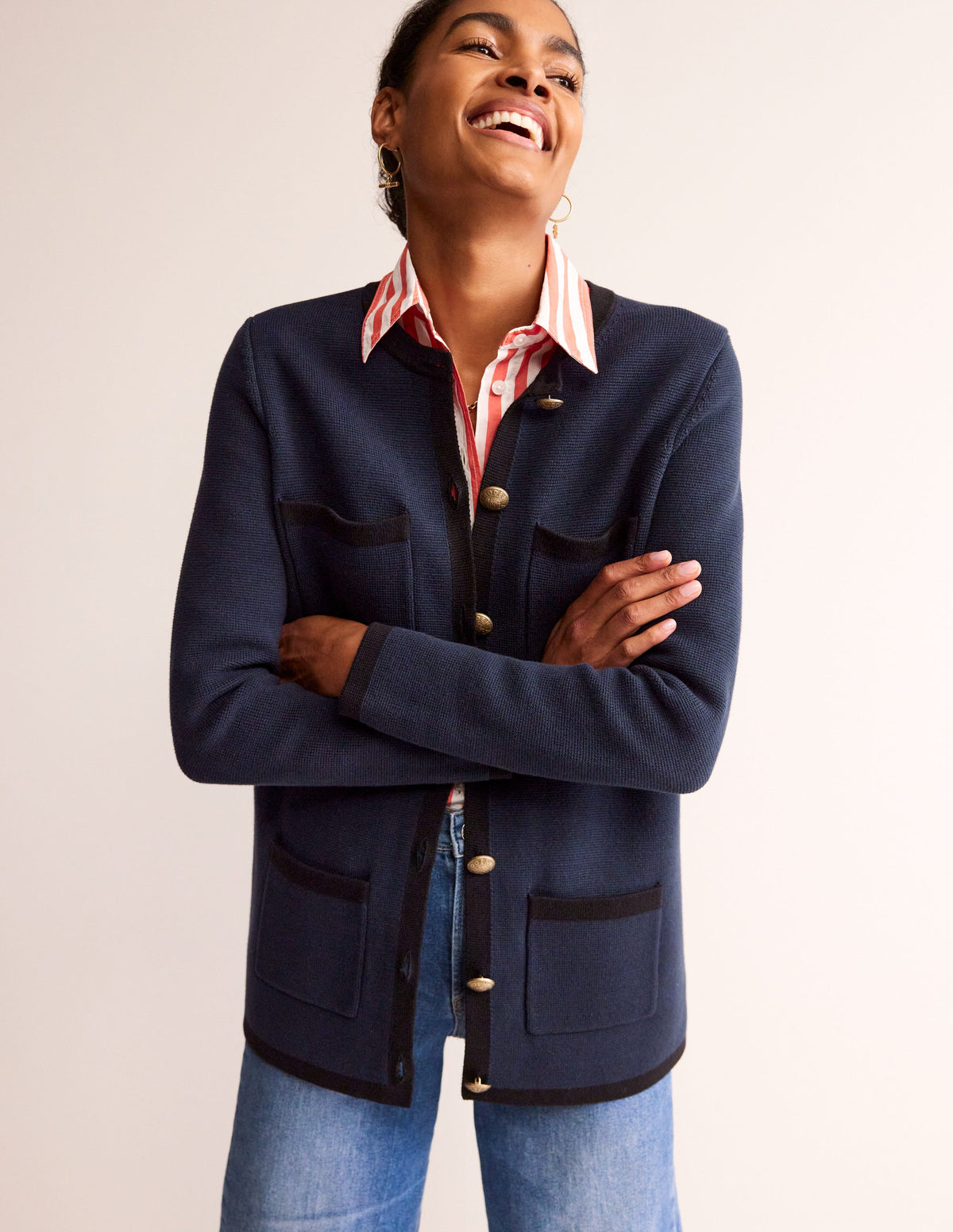 Holly Longline Knitted Jacket-Navy, Black Tipping-1