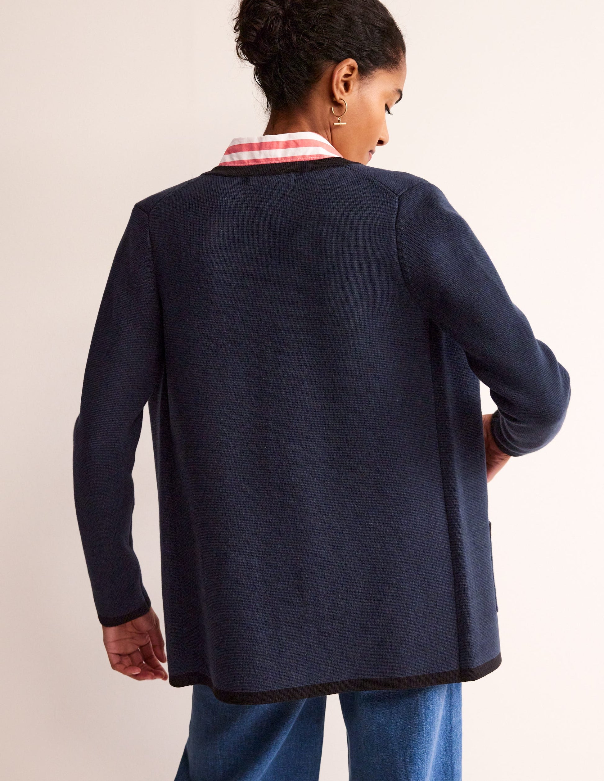 Holly Longline Knitted Jacket-Navy, Black Tipping-3