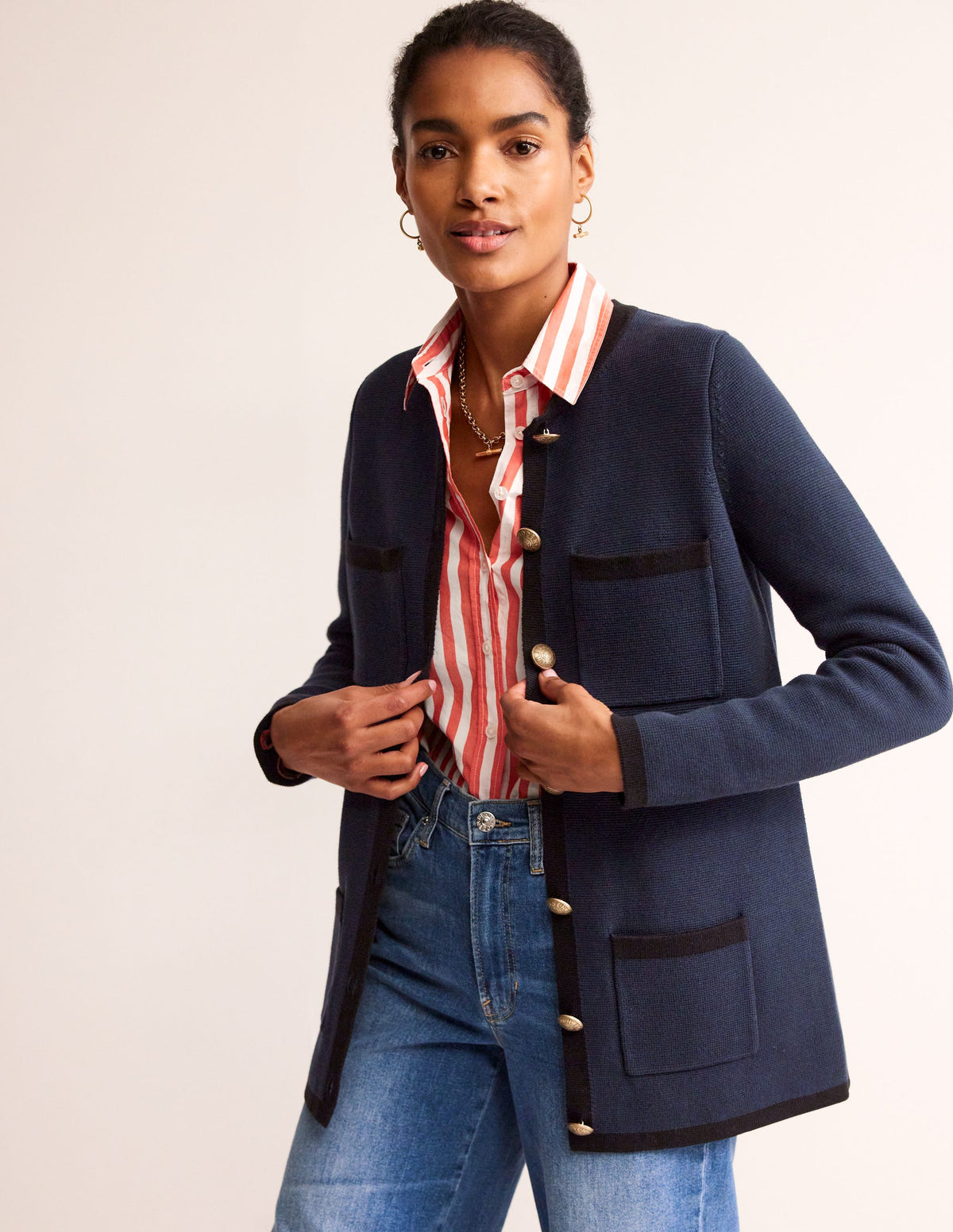 Holly Longline Knitted Jacket-Navy, Black Tipping - Image 4