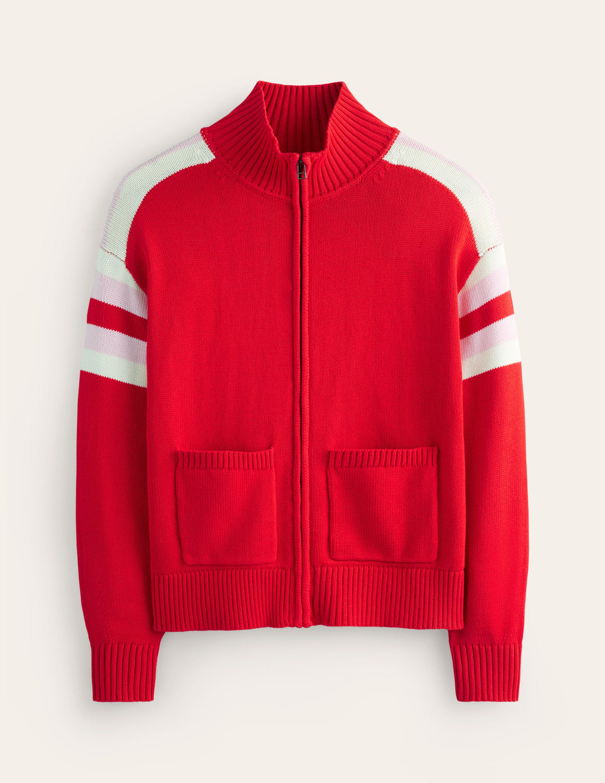 Knitted Zip-up Cardigan-Post Box Red, Ivory Stripe - Image 6