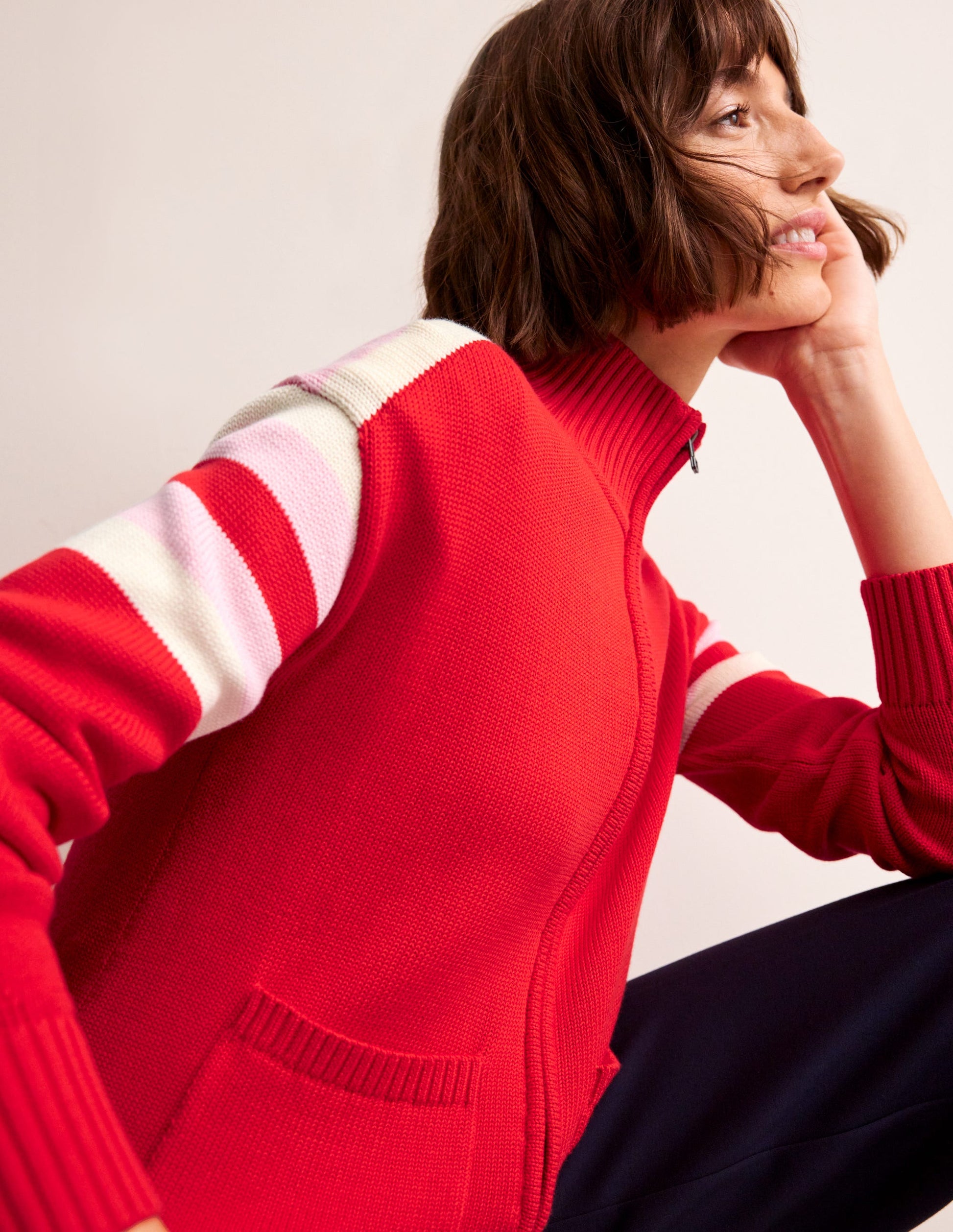 Knitted Zip-up Cardigan-Post Box Red, Ivory Stripe-1