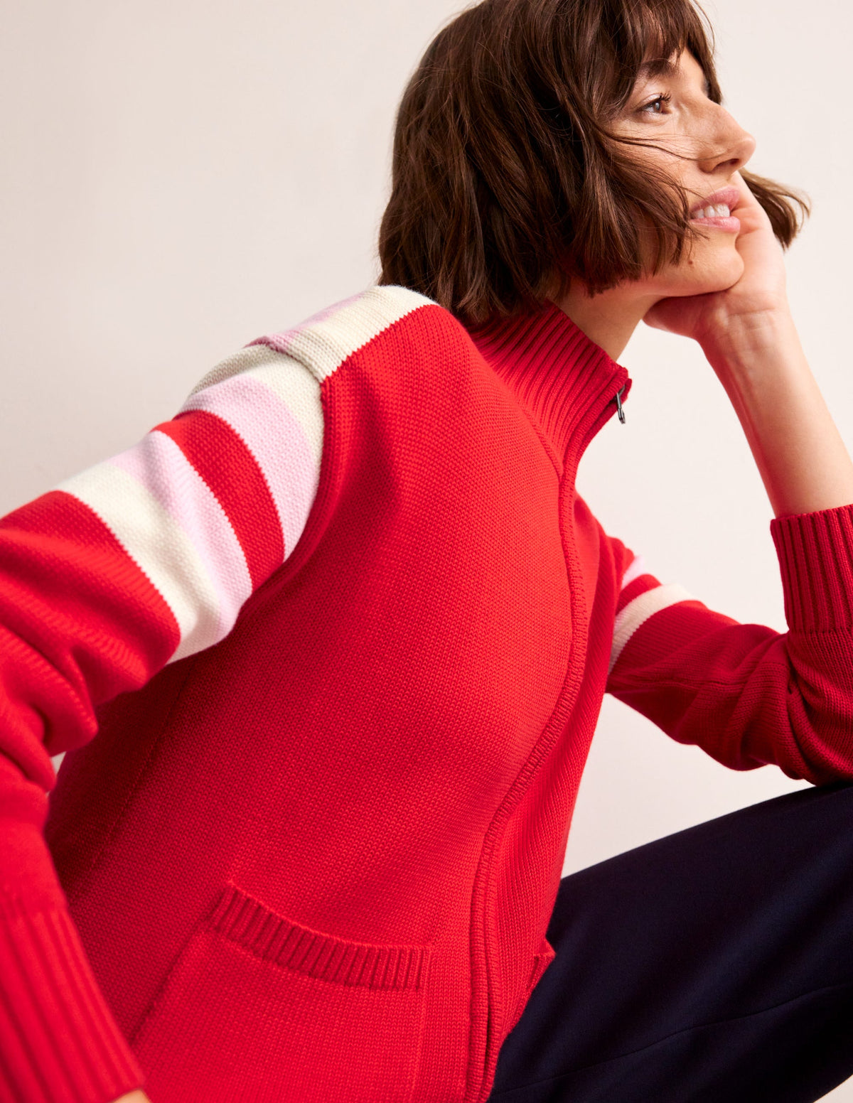 Knitted Zip-up Cardigan-Post Box Red, Ivory Stripe - Image 1