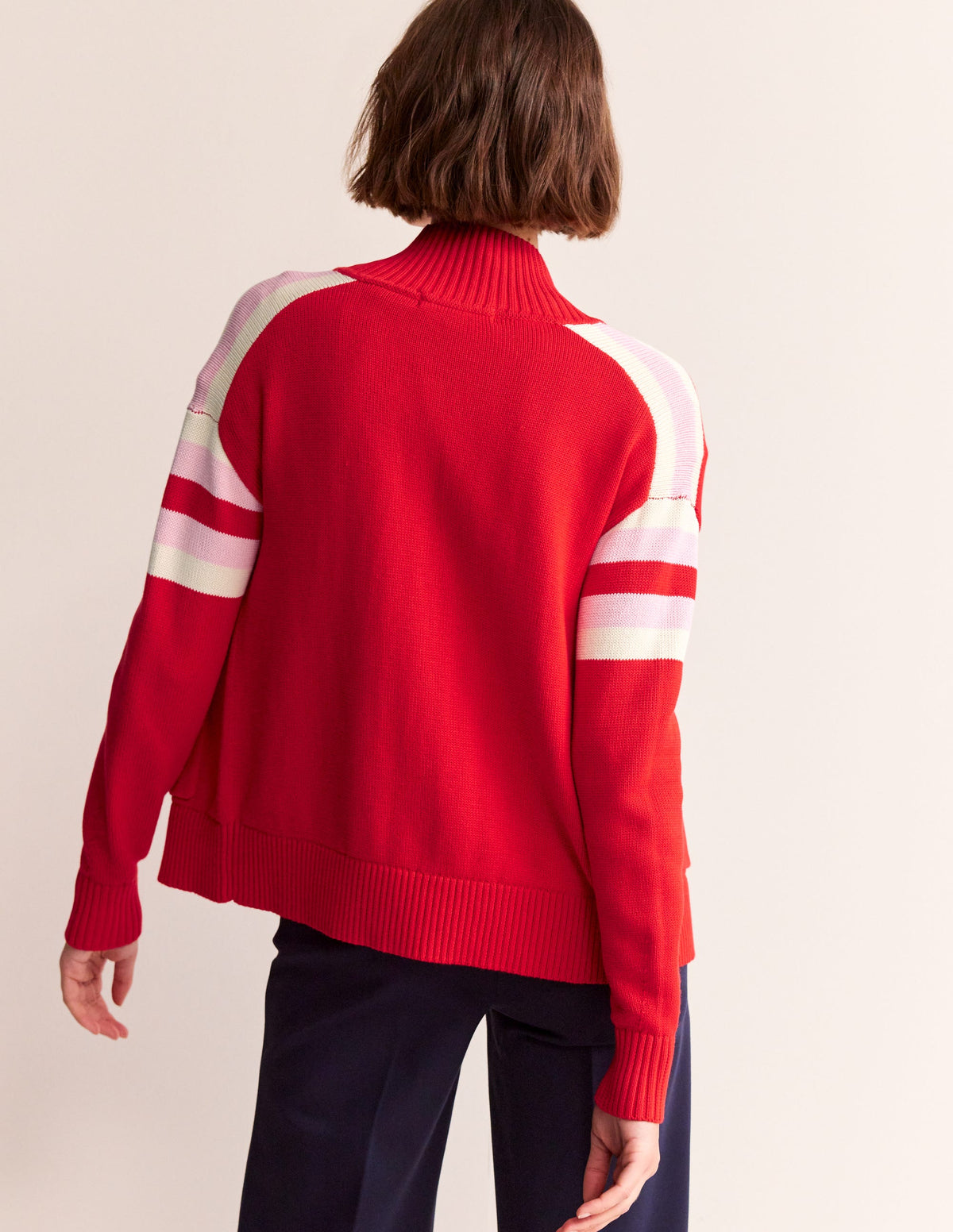 Knitted Zip-up Cardigan-Post Box Red, Ivory Stripe-3