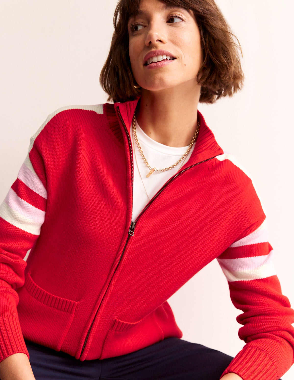 Knitted Zip-up Cardigan-Post Box Red, Ivory Stripe - Image 4