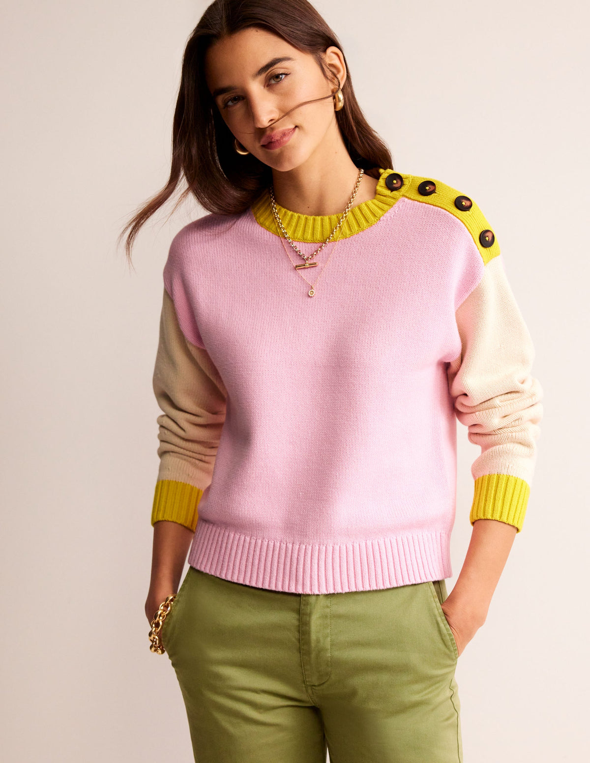 Hotch Potch Cotton Jumper-Blossom Pink, Warm Ivory - Image 4