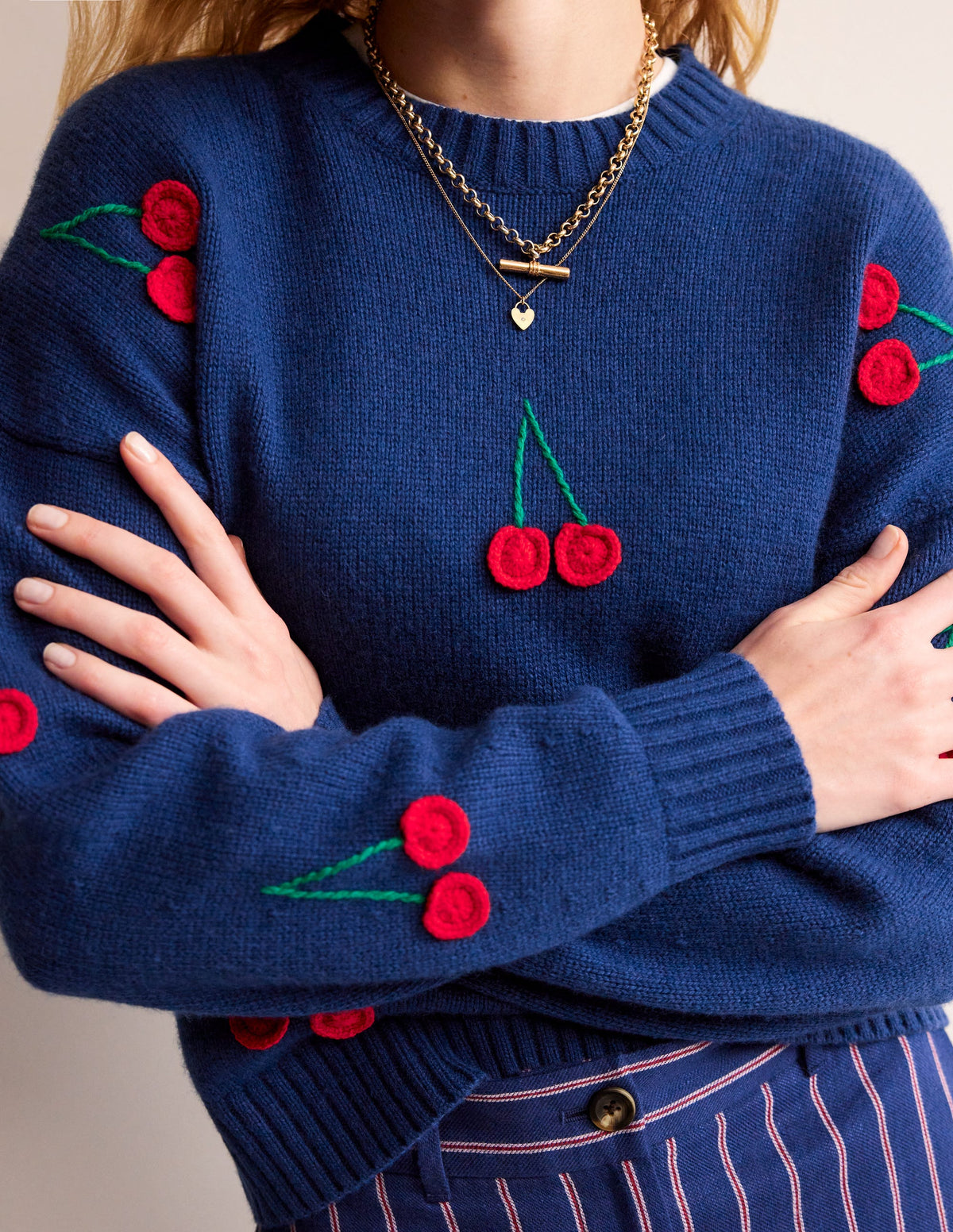 Hand Embroidered Jumper-Blue Decadence, Cherries - Image 2