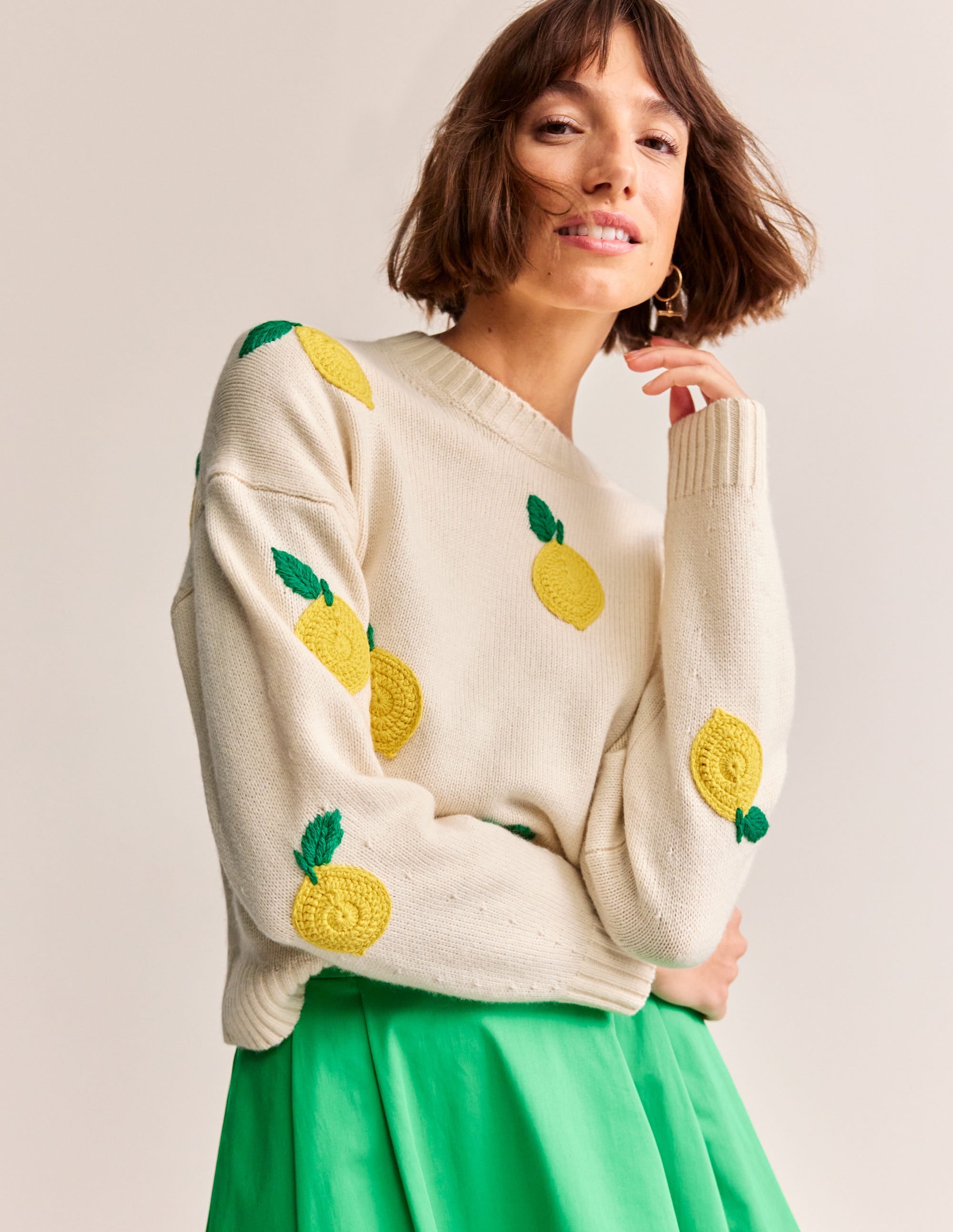 Hand Embroidered Jumper-Warm Ivory, Lemons - Image 2