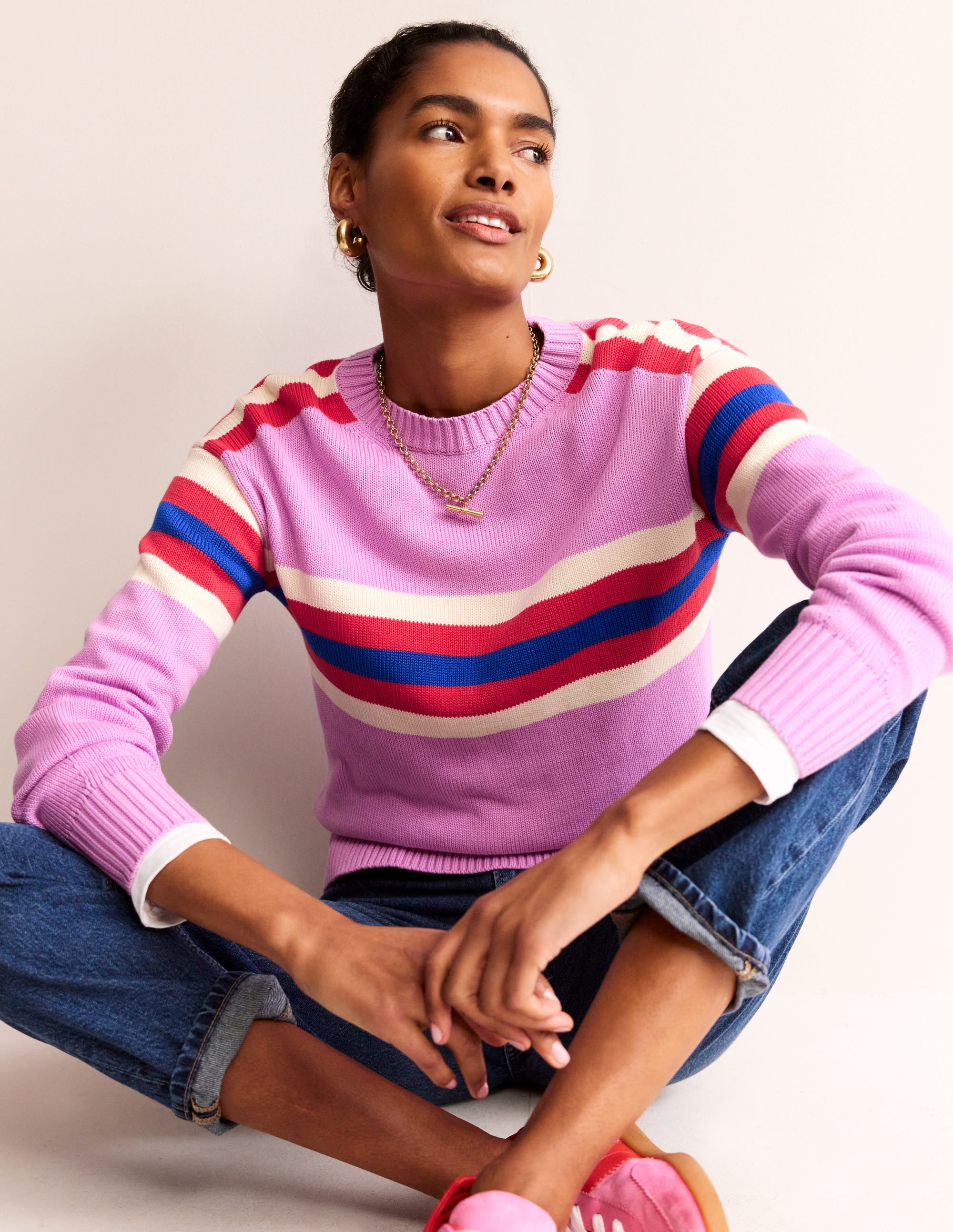 Stripe Knitted Jumper-Lilac, Warm Ivory, Red Stripe - Image 1