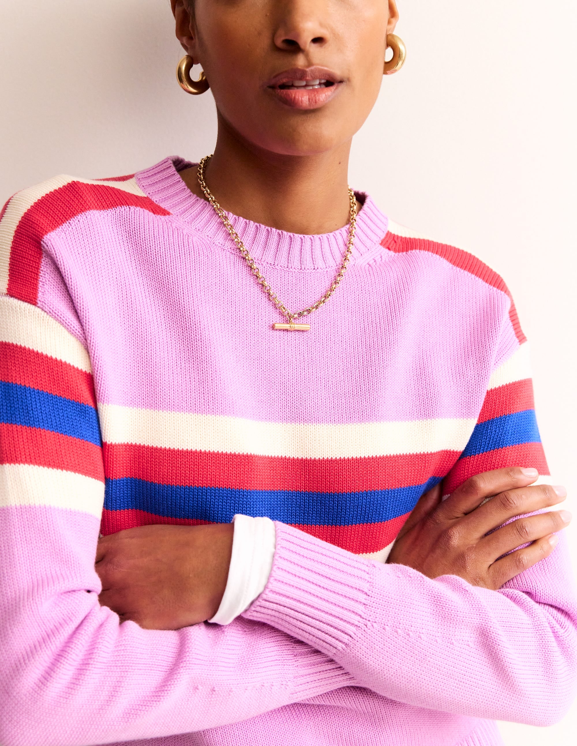 Stripe Knitted Jumper-Lilac, Warm Ivory, Red Stripe - Image 2