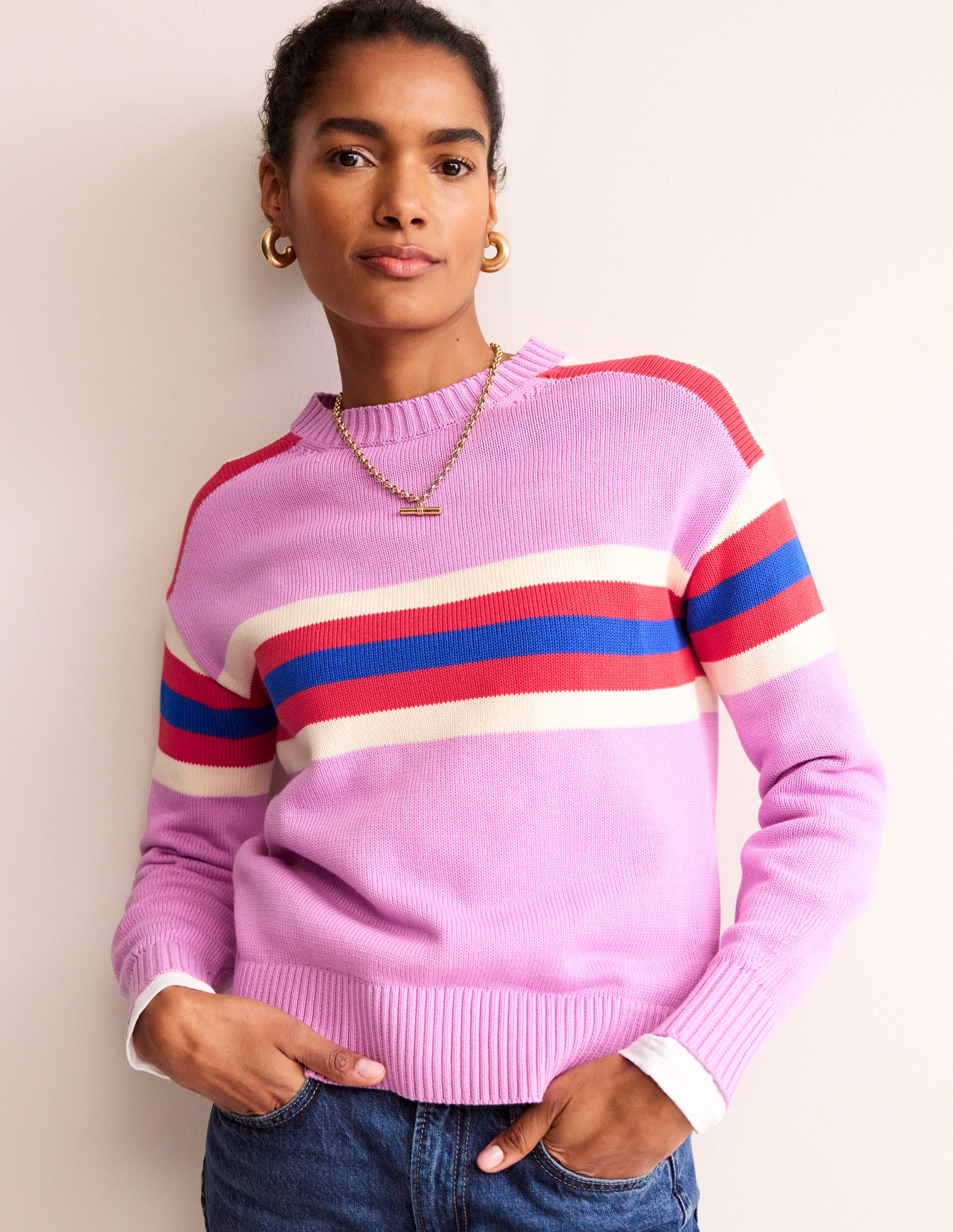 Stripe Knitted Jumper-Lilac, Warm Ivory, Red Stripe - Image 4