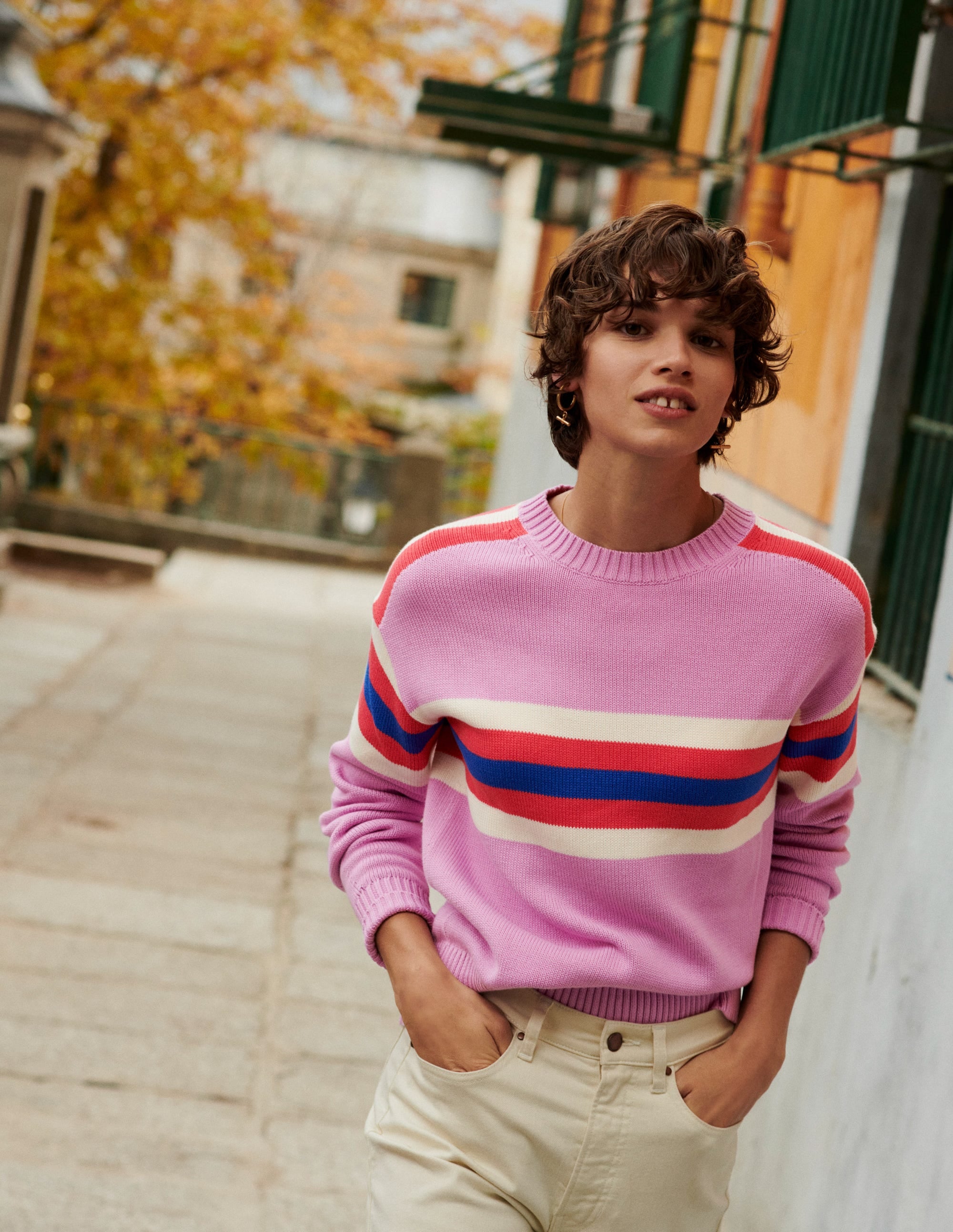 Stripe Knitted Jumper-Lilac, Warm Ivory, Red Stripe - Image 5