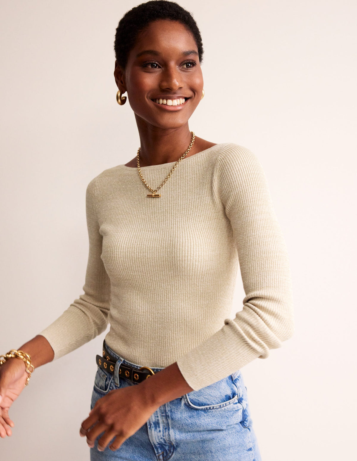 Cotton Rib Boat Neck Jumper-Gold Metallic - Image 2