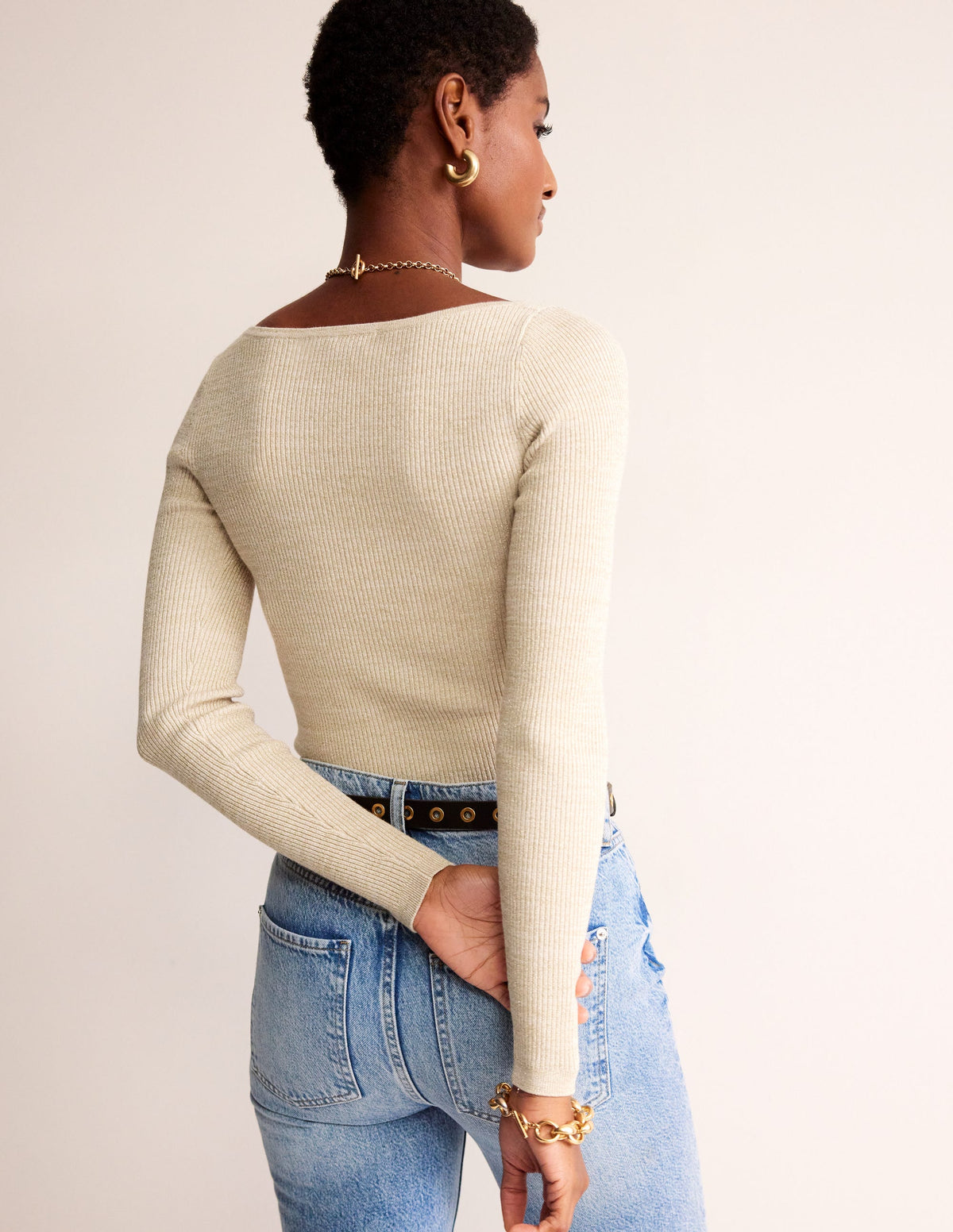 Cotton Rib Boat Neck Jumper-Gold Metallic - Image 3