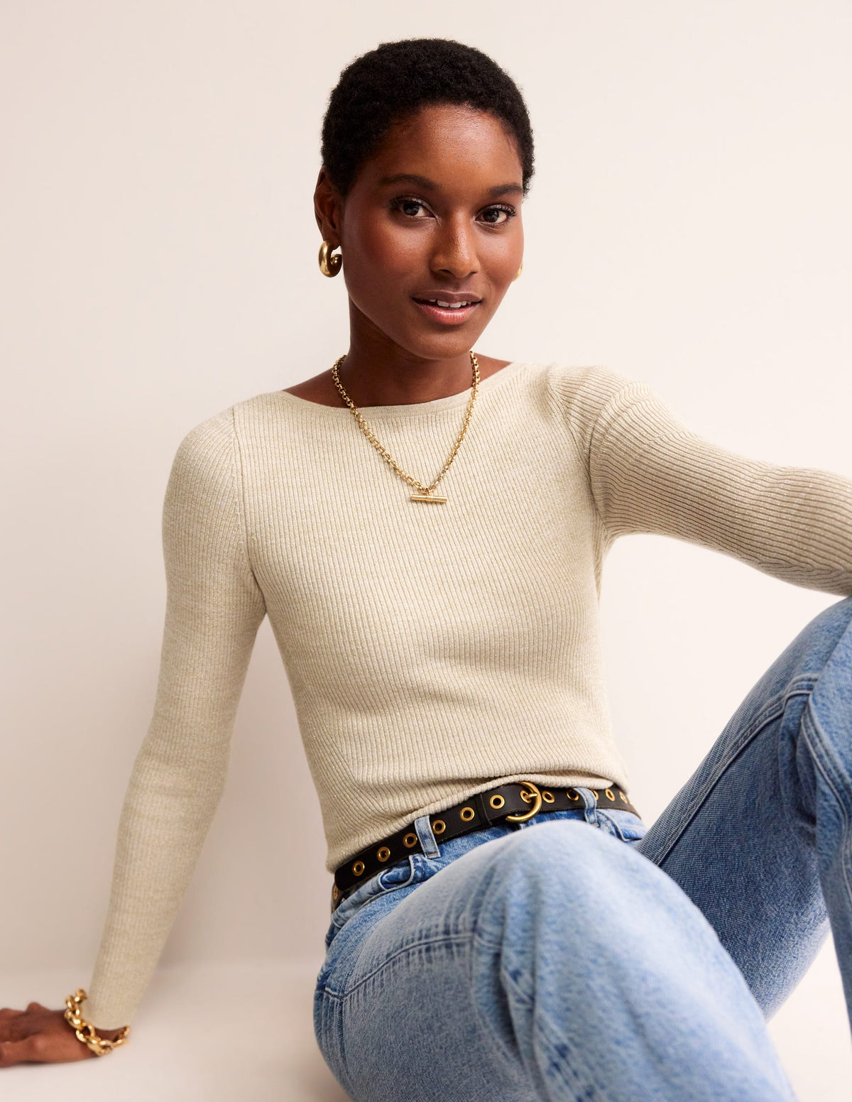 Cotton Rib Boat Neck Jumper-Gold Metallic - Image 4
