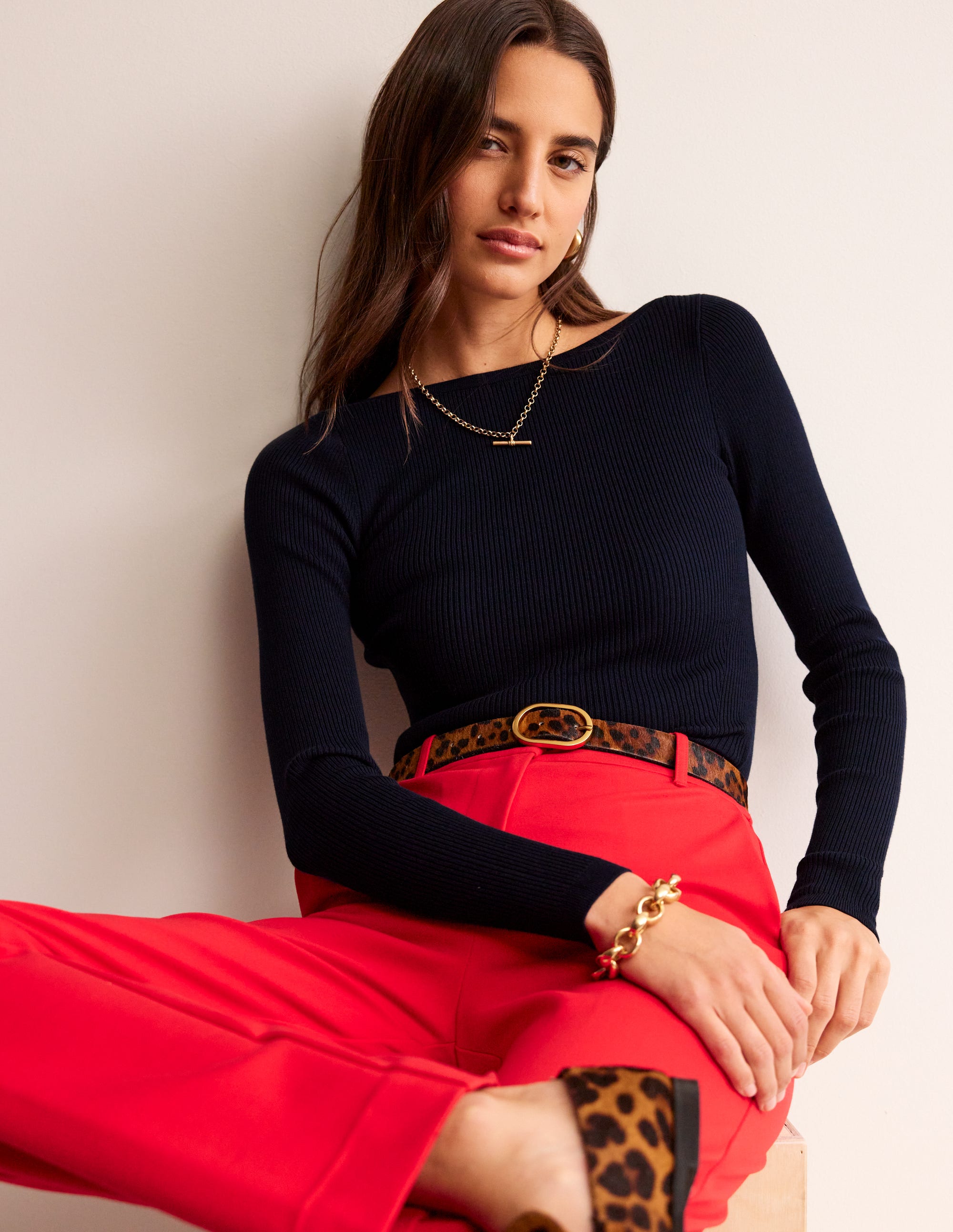 Cotton Rib Boat Neck Jumper-Navy - Image 1