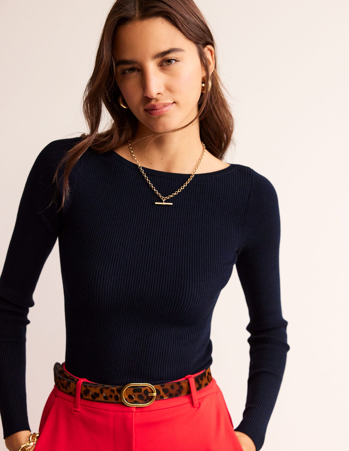 Cotton Rib Boat Neck Jumper-Navy-2