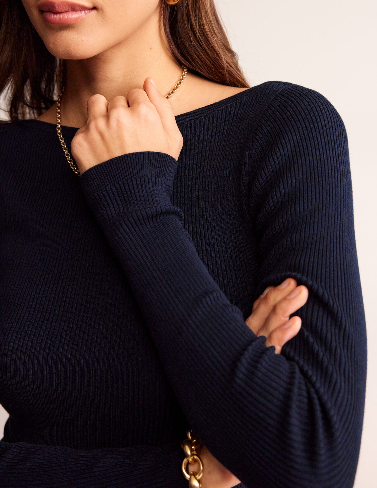 Cotton Rib Boat Neck Jumper-Navy-3