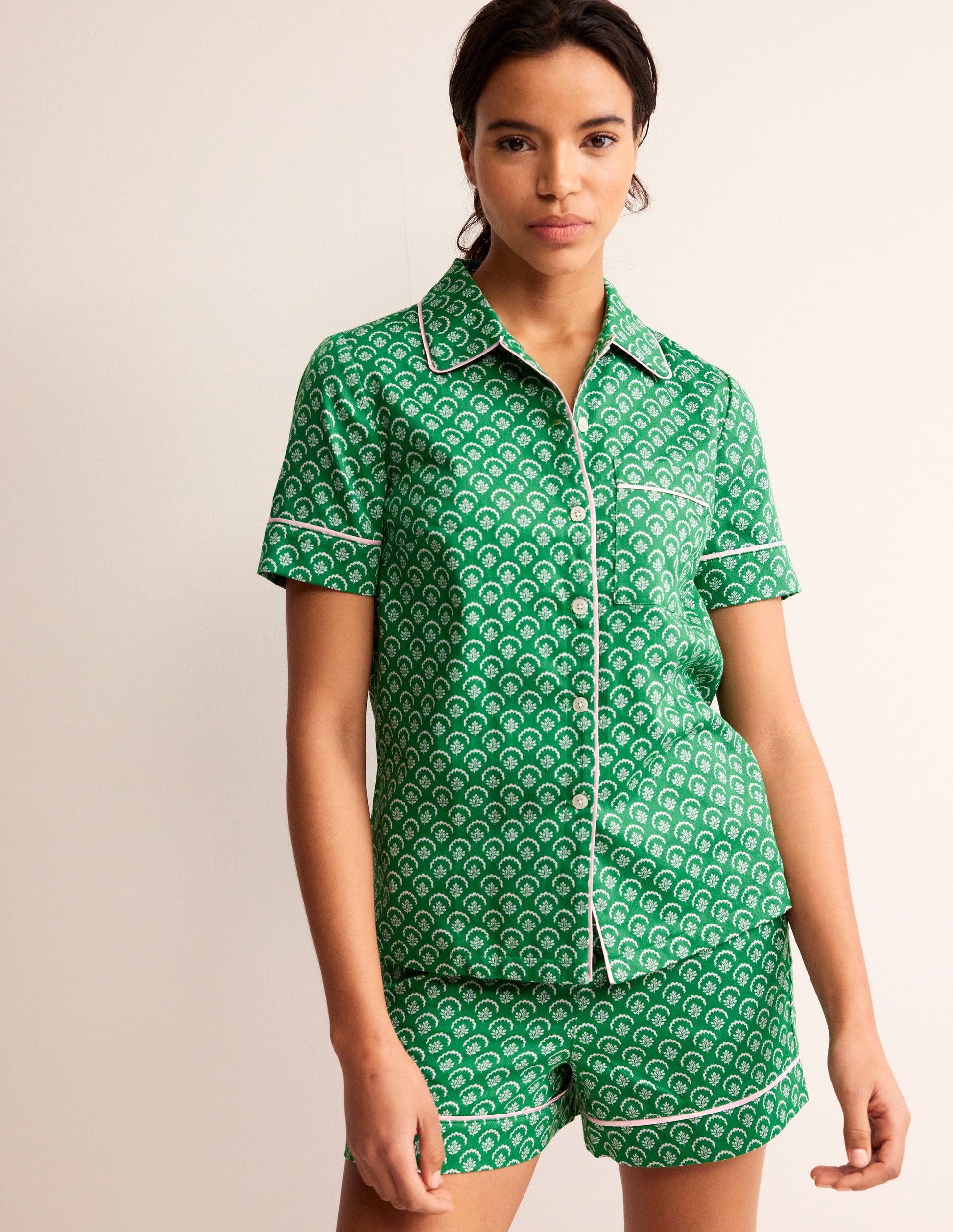 Short Sleeve Pyjama Top-Green, Ditsy Vine-1