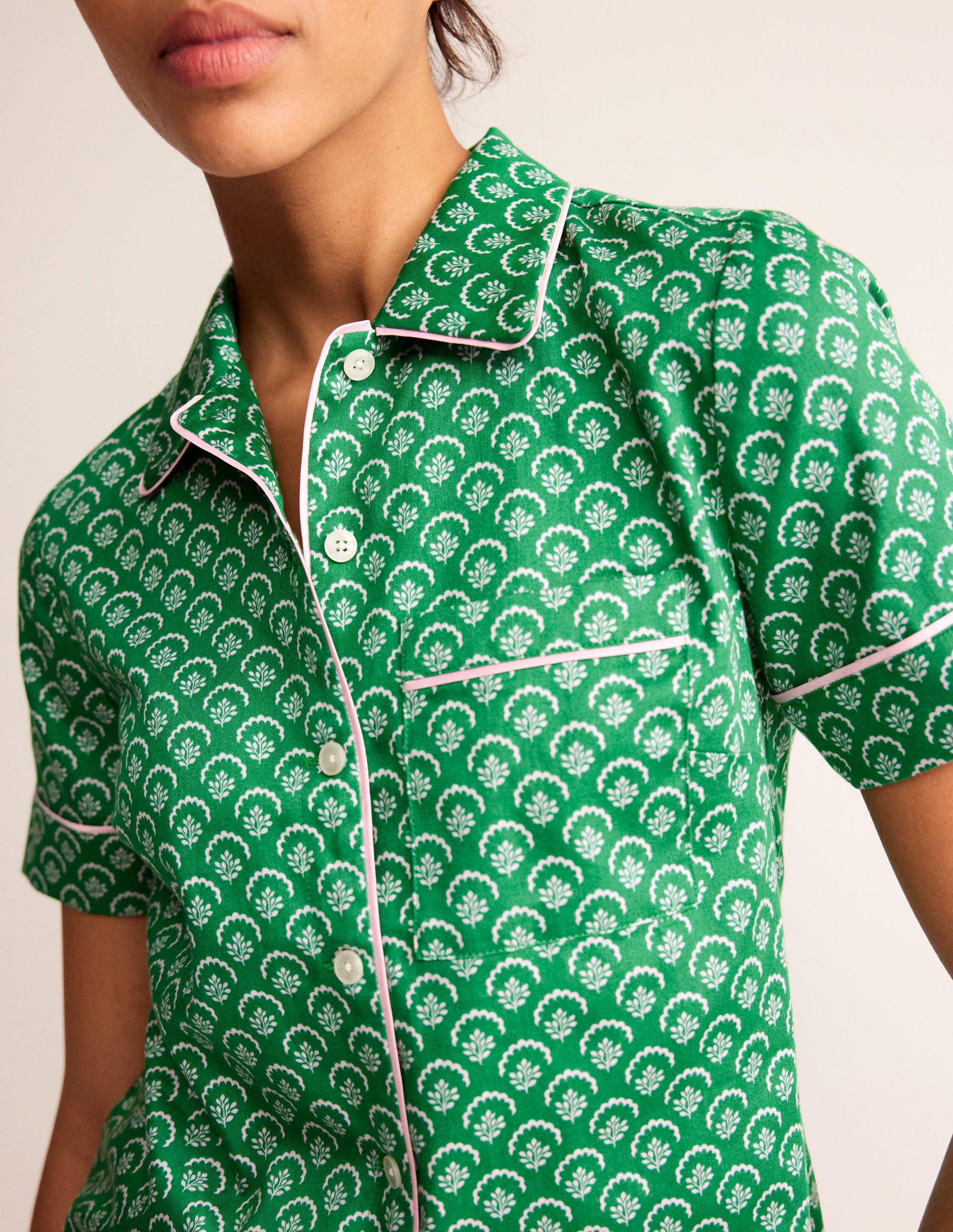 Short Sleeve Pyjama Top-Green, Ditsy Vine-2