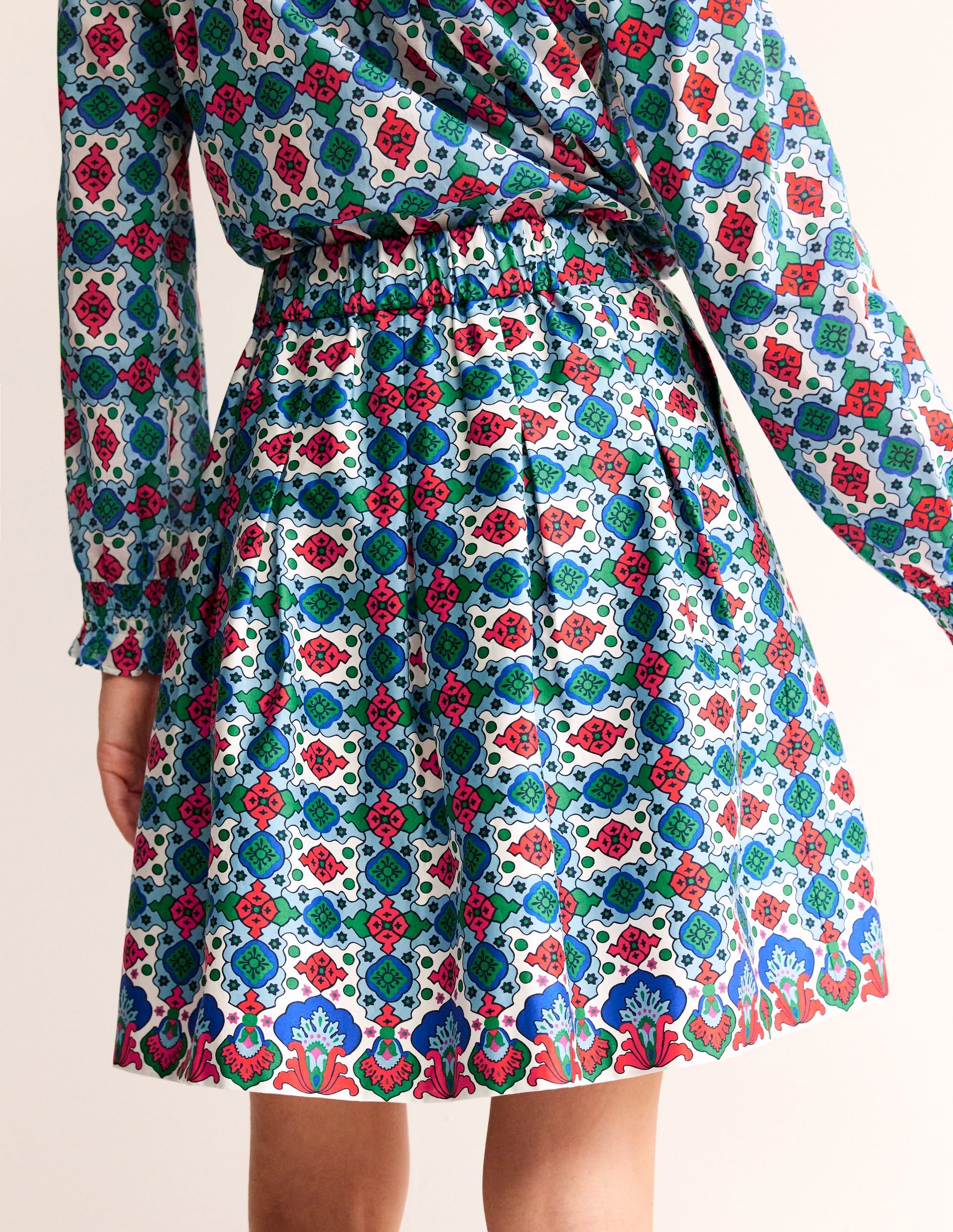 Pleated Cotton Skirt-Multi, Coastal Tile-3