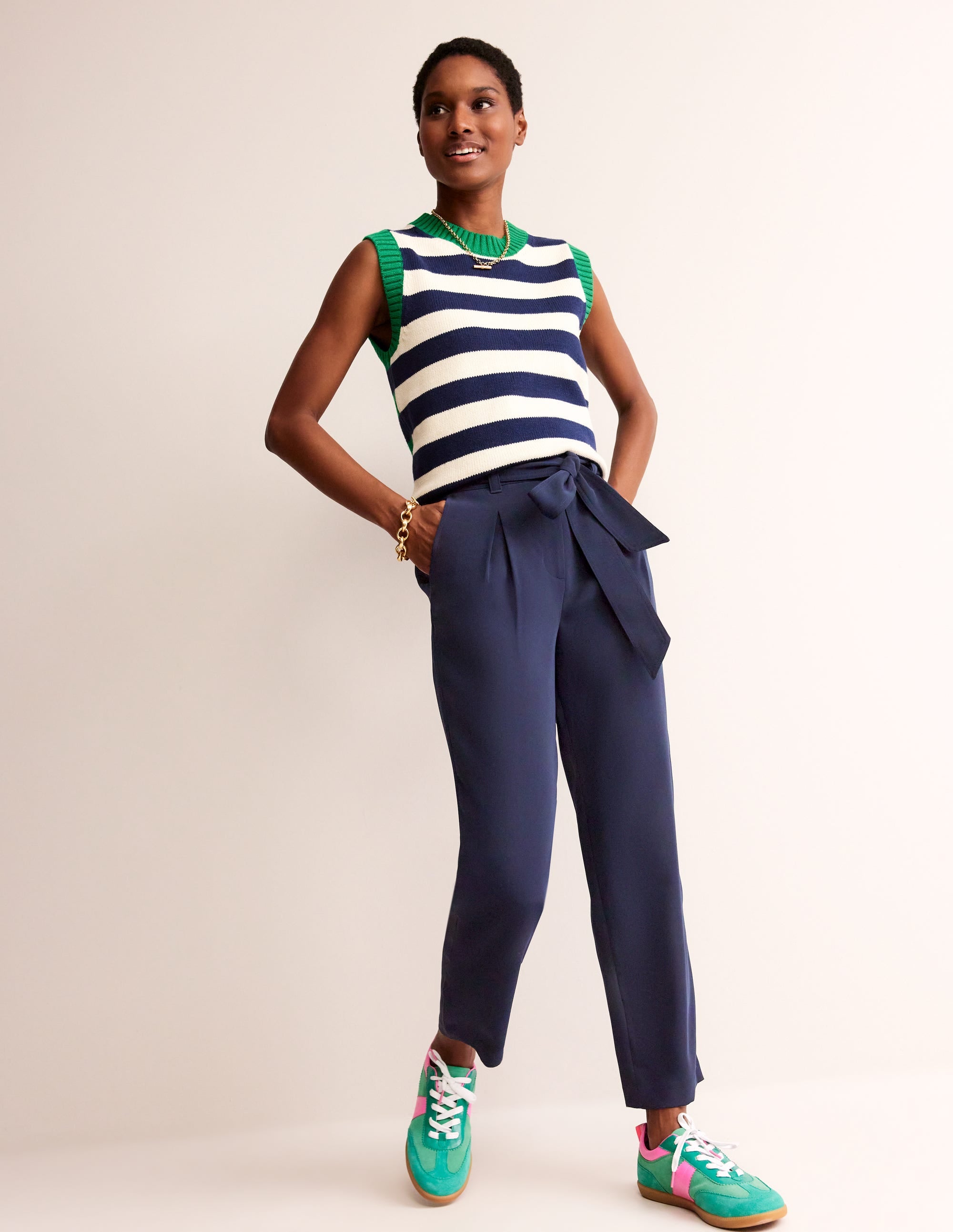 Tapered Tie Waist Trousers-French Navy - Image 1