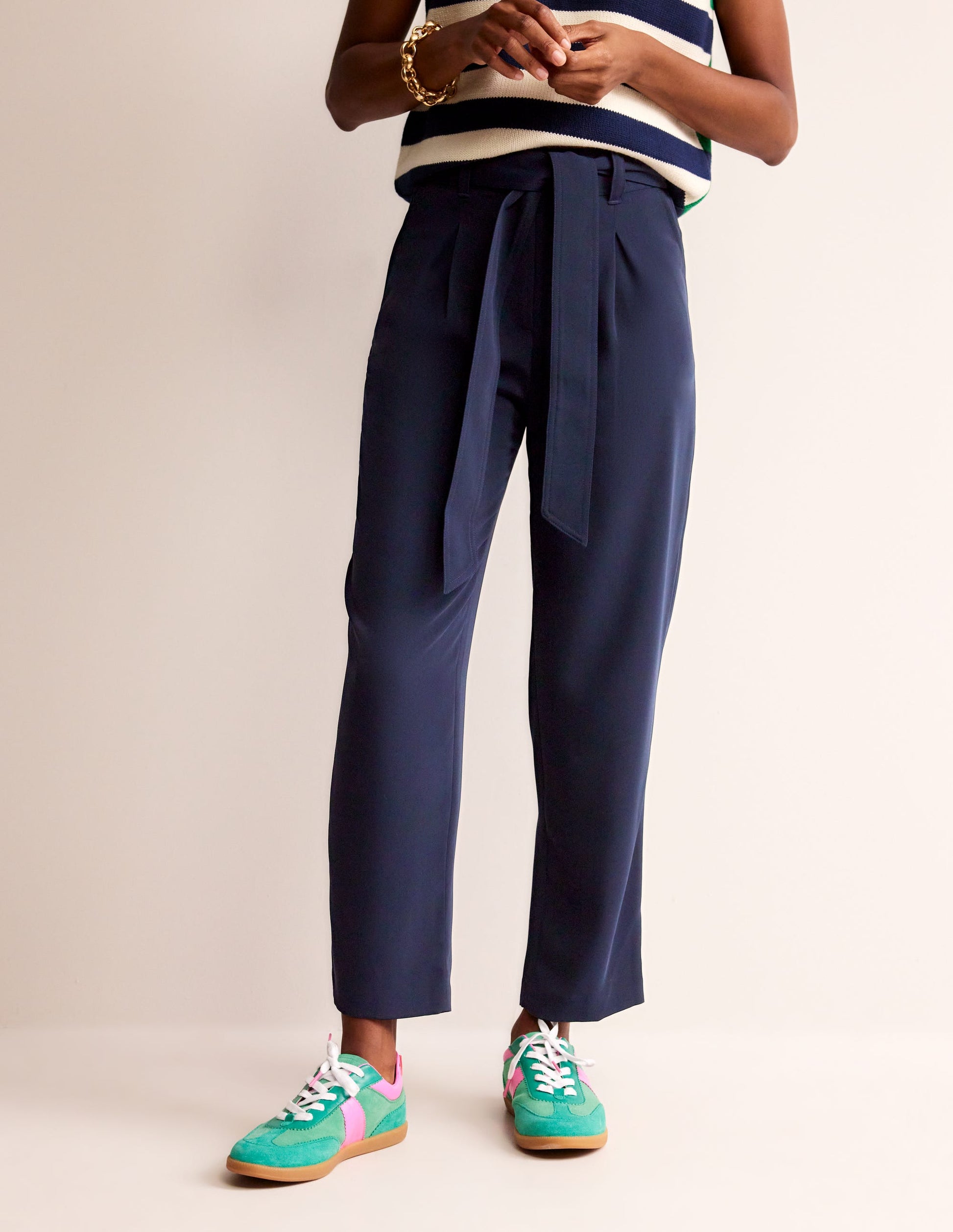 Tapered Tie Waist Trousers-French Navy-4