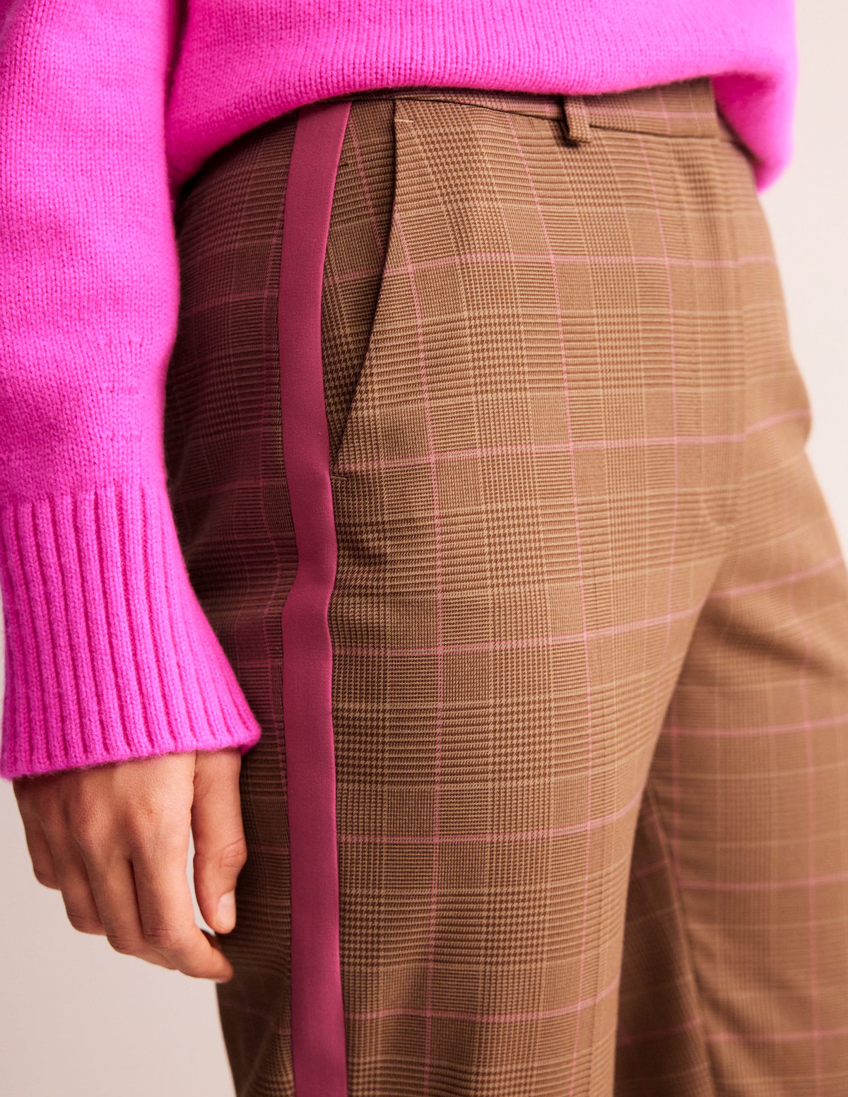 Kew Check Side Stripe Trousers-Brown and Pink Check - Image 2