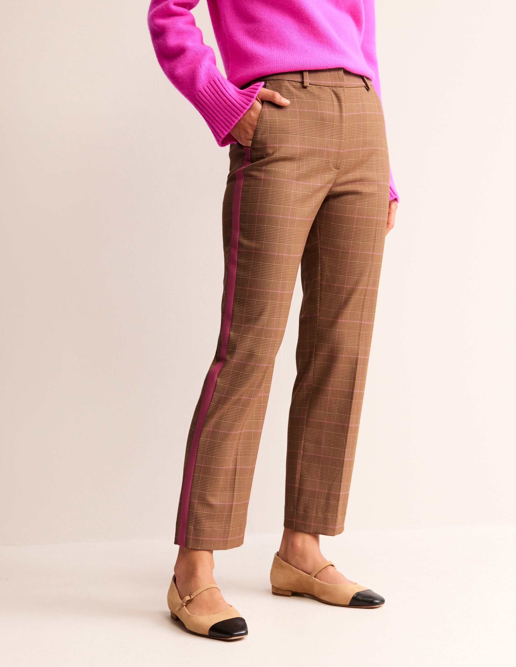 Kew Check Side Stripe Trousers-Brown and Pink Check - Image 4