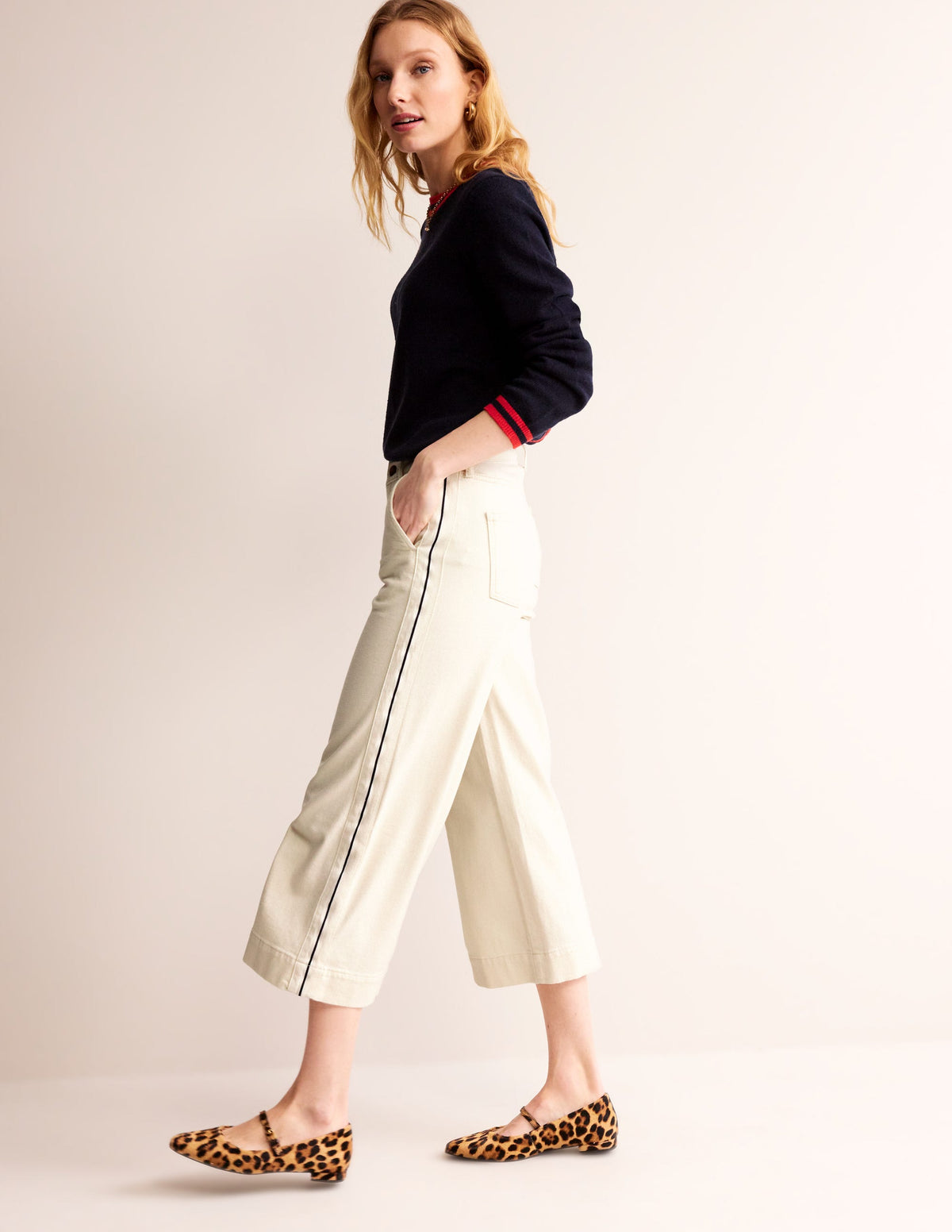 Side Stripe Wide Crop Jeans-Ecru - Image 1
