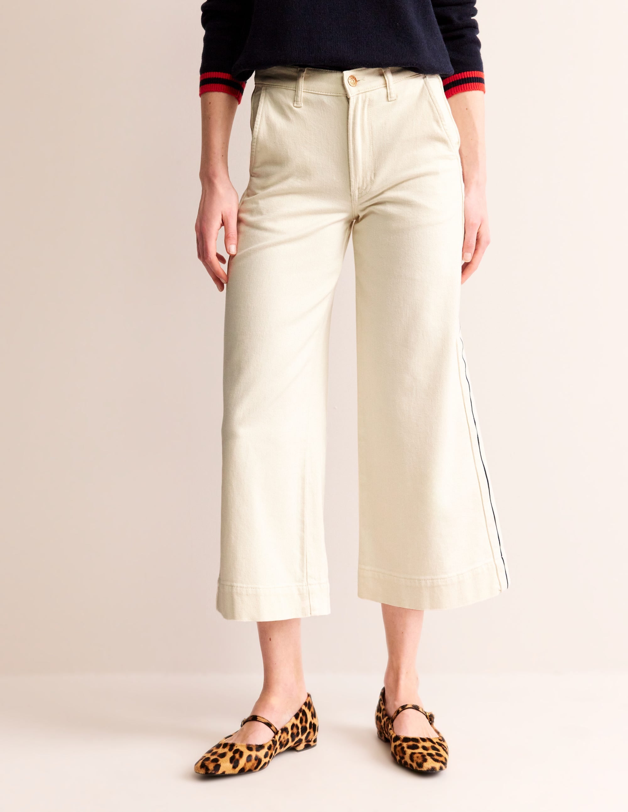 Side Stripe Wide Crop Jeans-Ecru - Image 2